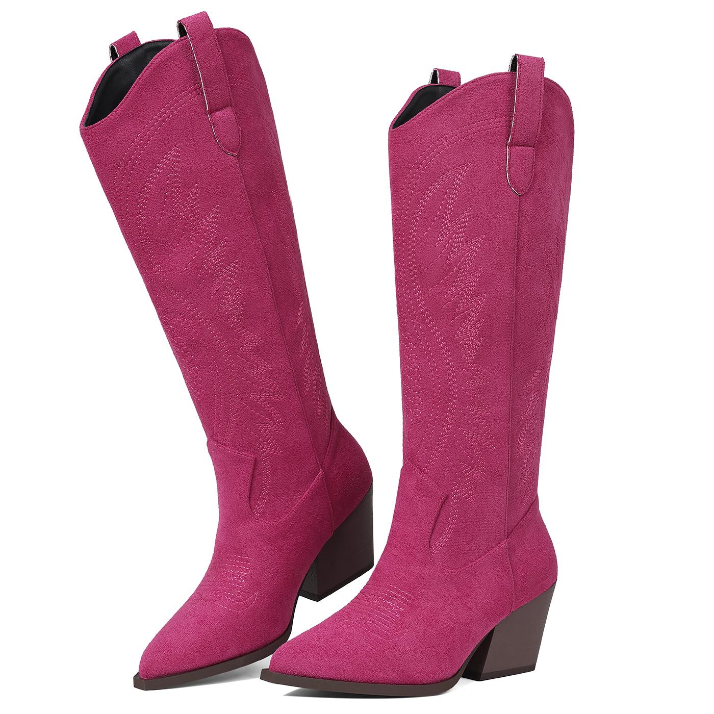 AOSPHIRAYLIAN Women Cowboy Suede Boots Mid Calf Cowgirl Boots Western Red/black/brown Boots Embroidered Suede Pull On Almond Toe Chunky Heel SpringStatements