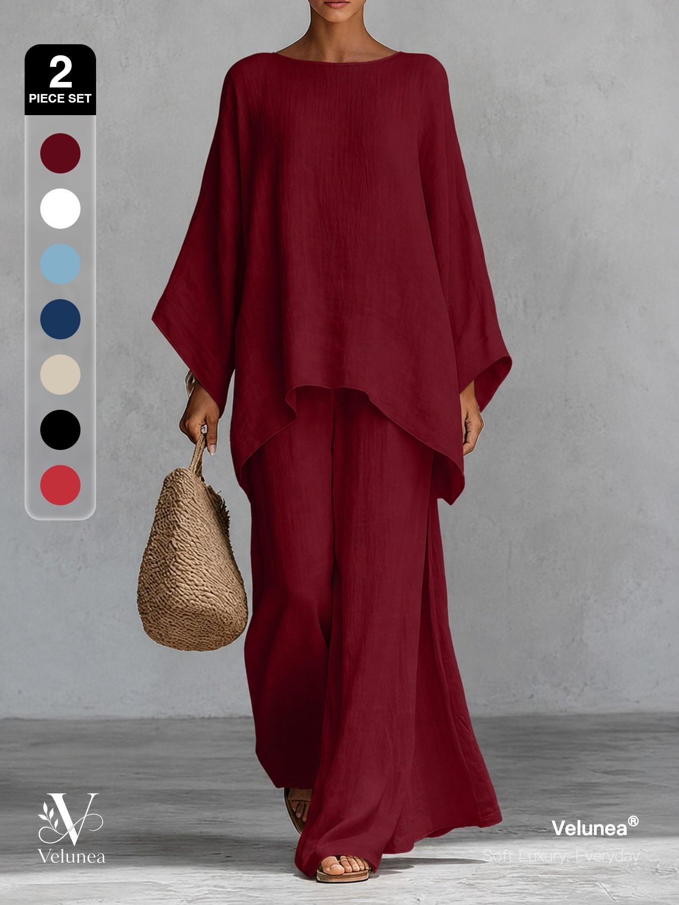 2-Piece Set, Velunea Women’s Elegant Casual Wide Leg Pants Set, Draped Cape Top and Flowing Trousers Matching Outfit, Minimalist Resort Wear for Vacation and Everyday Style