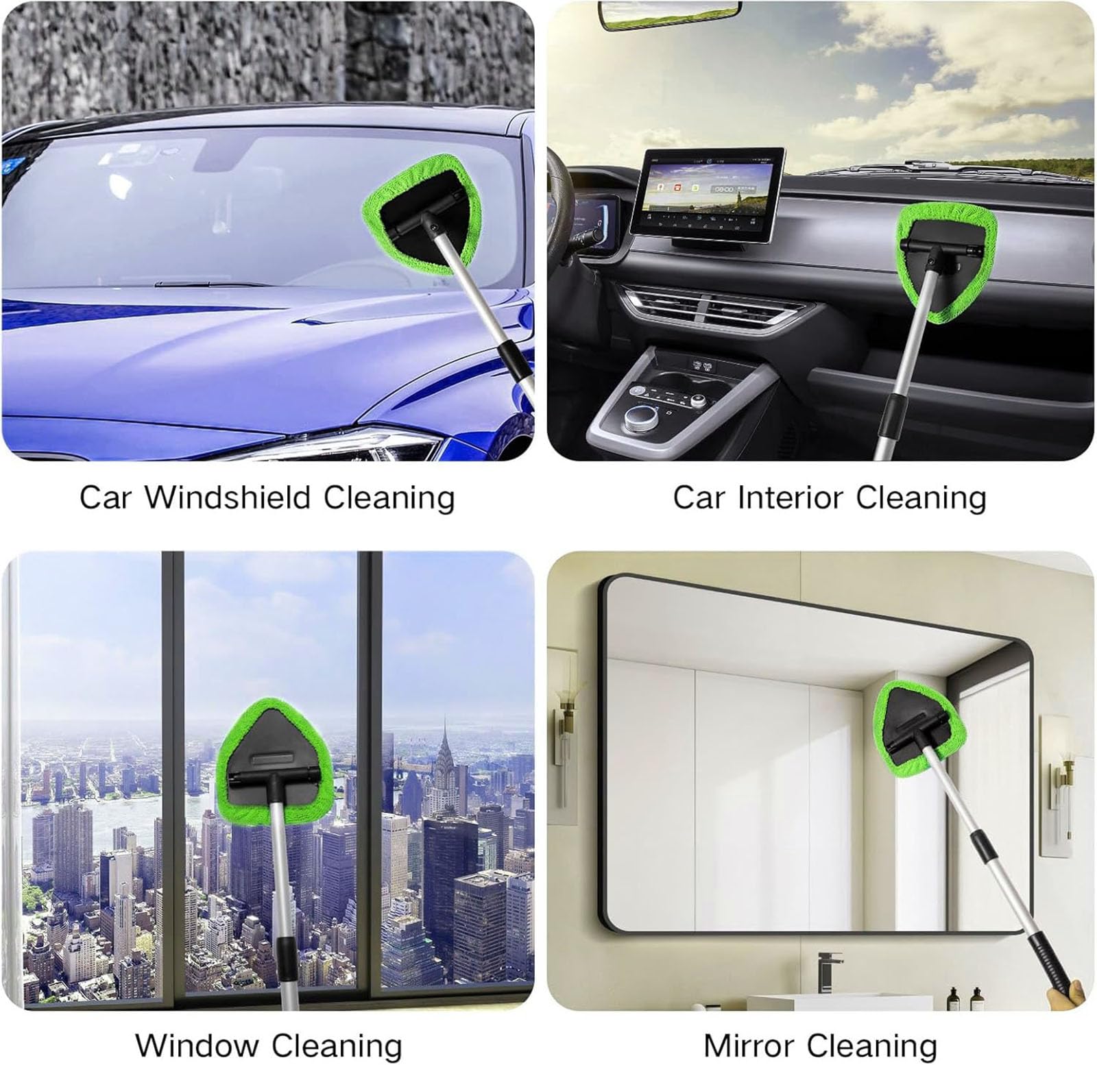 Windshield Cleaner Tool - Extendable Handle Auto Glass Wiper Kit with 4 Reusable Washable Microfiber Pads! Perfect for Car Interior & Exterior, Cleans Dirty Windows Easily. Green Wand + Cloth Pads, Must-Have Car Cleaning Brushes for Spotless Glass