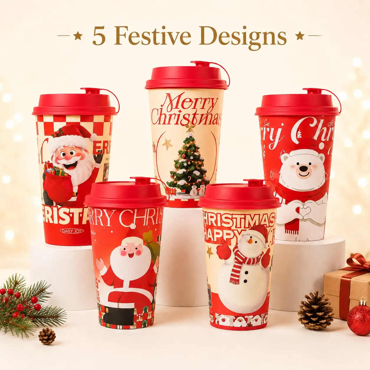 50pcs Christmas Cups with Lids, 17oz Leak-Proof, Santa Claus Tree Bear Patterns, Ideal for Cold Hot Drinks, Holiday Party Supplies