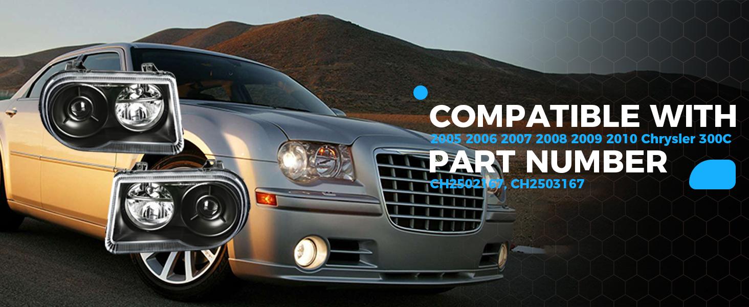 Projector Headlight Assembly Compatible with 2005-2010 Chrysler 300C Halogen Headlamp w/Bulbs Replacement Chrome Housing#CH2502167, CH2503167