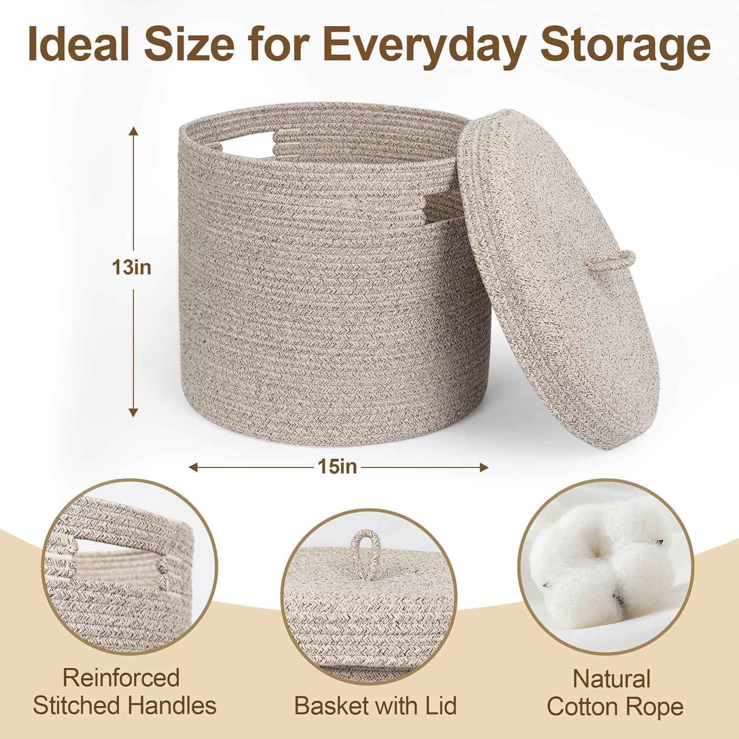Storage Basket with Lid, Woven Blanket Storage for Living Room, Soft  Rope Bin with Lid, Round Wicker Laundry Basket with Cover, Lidded    Bin,  Organizer, 15" x 13"