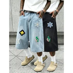 2-pack men’s 3/4 loose denim shorts, hip-hop street style, chenille patch appliqué, wide-leg denim shorts, vintage black wash, knee-length, casual skateboarding shorts, unisex denim apparel.