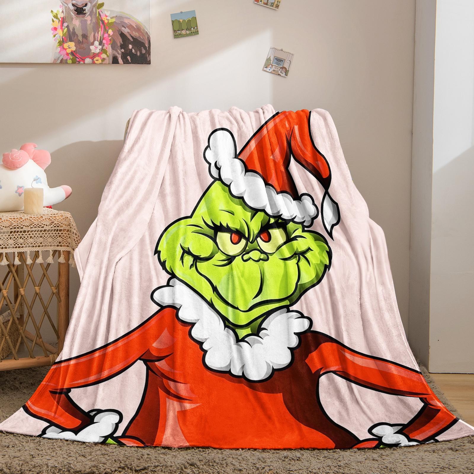 Christmas Grinch Monster Print Blanket, Perfect Birthday Gift for Kids, Single-Sided Movie Watching Throw, Soft Plush Material