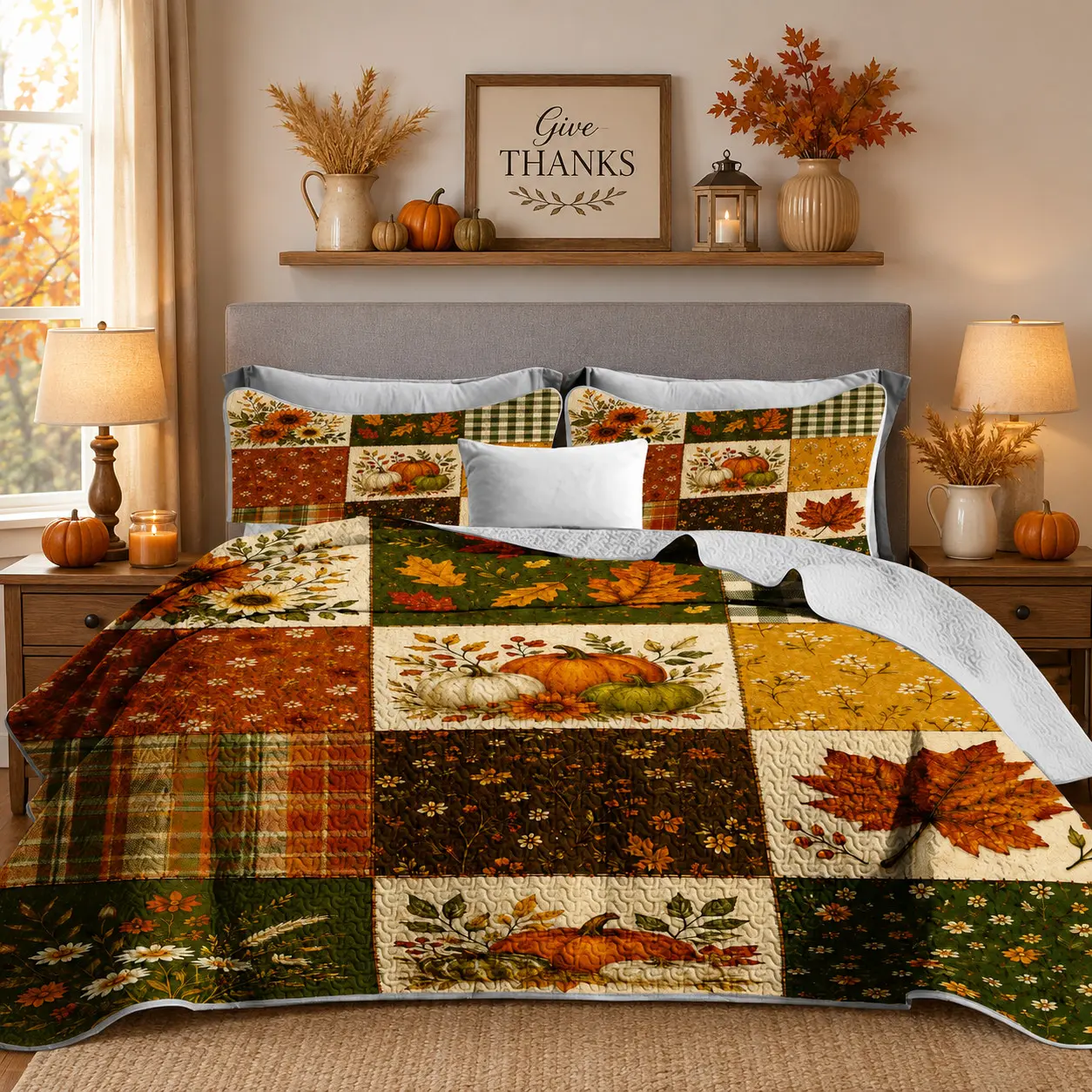 [Back to School] 3-Piece Autumn Pumpkin Maple Leaf Quilt Set, Farmhouse Patchwork Bedspread with 2 Pillow Shams, Soft Lightweight Wrinkle-Resistant Breathable Fade-Resistant All-Season Bedding for Queen/King Beds, Thanksgiving Bedroom Decor