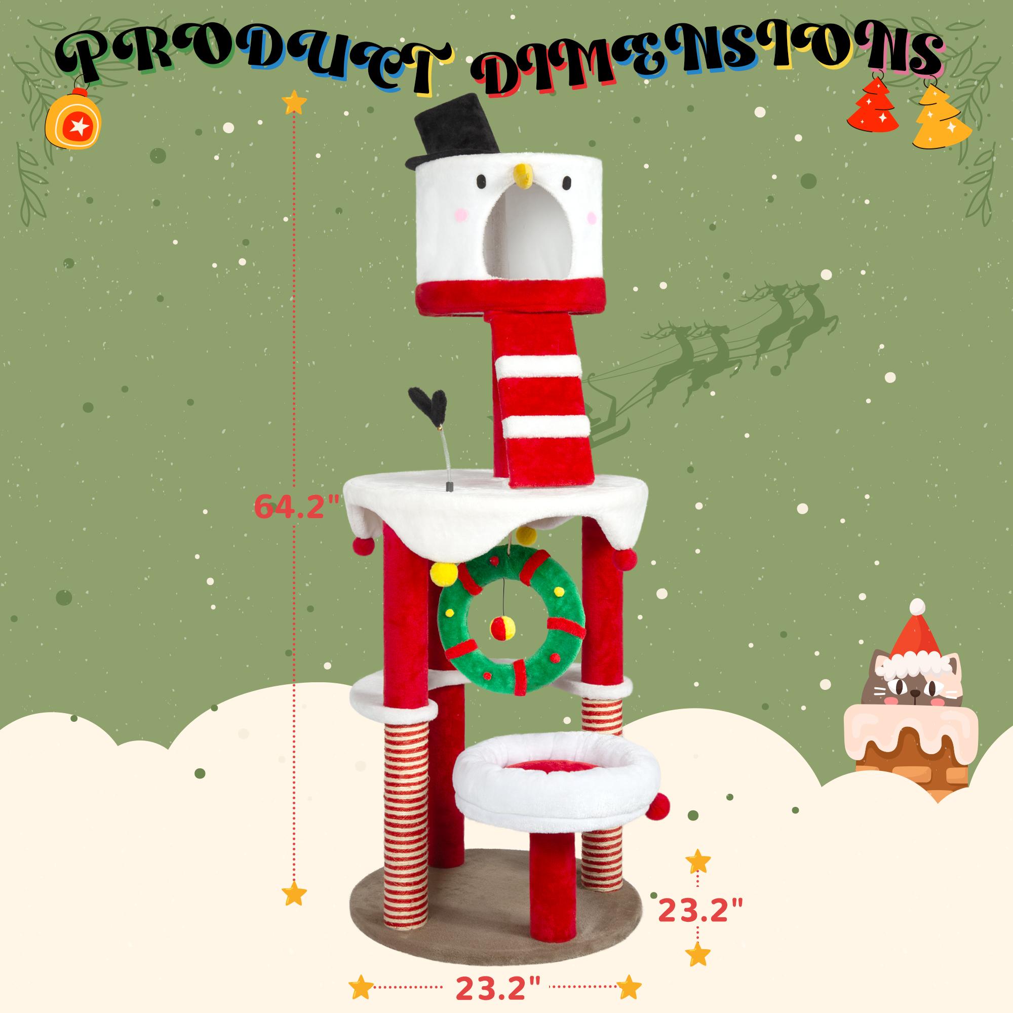 (34”-88.6″ H) Christmas Cat Tree with Cozy Bed, Holiday Cat Tower with Scratching Posts, Plush Cat Playground for Indoor Cats, Red and White