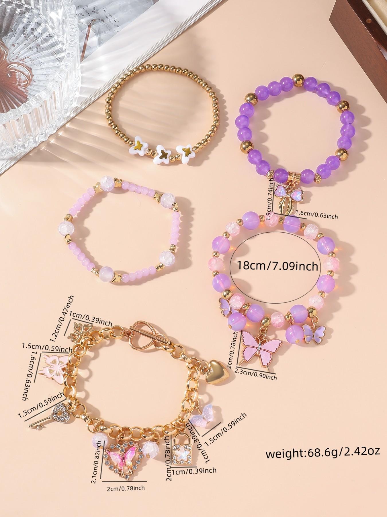 5Pcs Purple Butterfly Beaded Charm Bracelet Stack Set, Multi-Piece Stretchable Layered Bracelets with Gold Tone, Y2K Boho Style, Perfect for Daily Wear, Festival, Beach, Casual & Formal Occasions