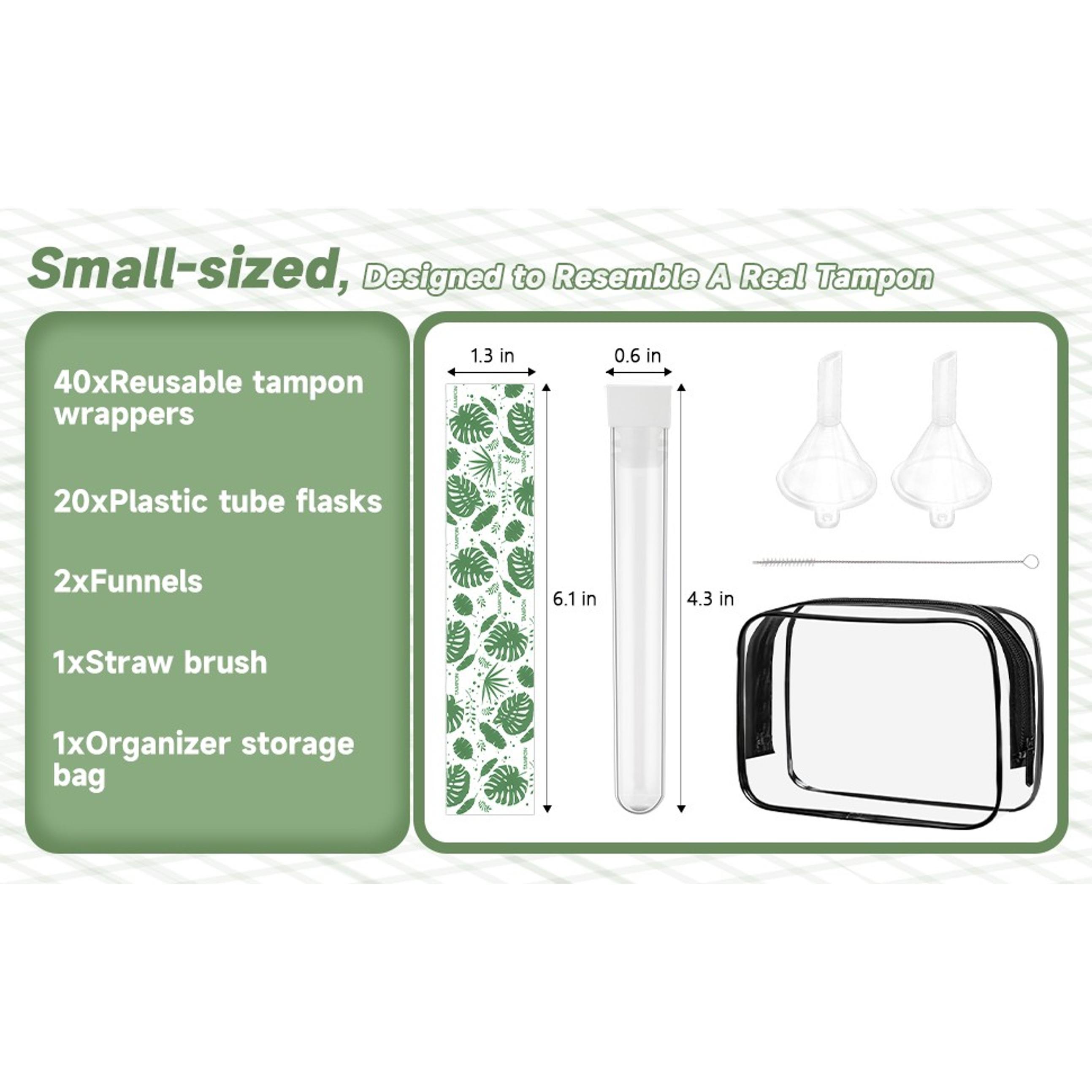 64 Pcs Tampon Flasks Set, Includes 20 Reusable Plastic Flasks 40 Self Adhesive Wrappers 2 Funnels Storage Bag Clean Brush, Hidden Discreet Flasks for Cruise Concert Outdoor Sports Green