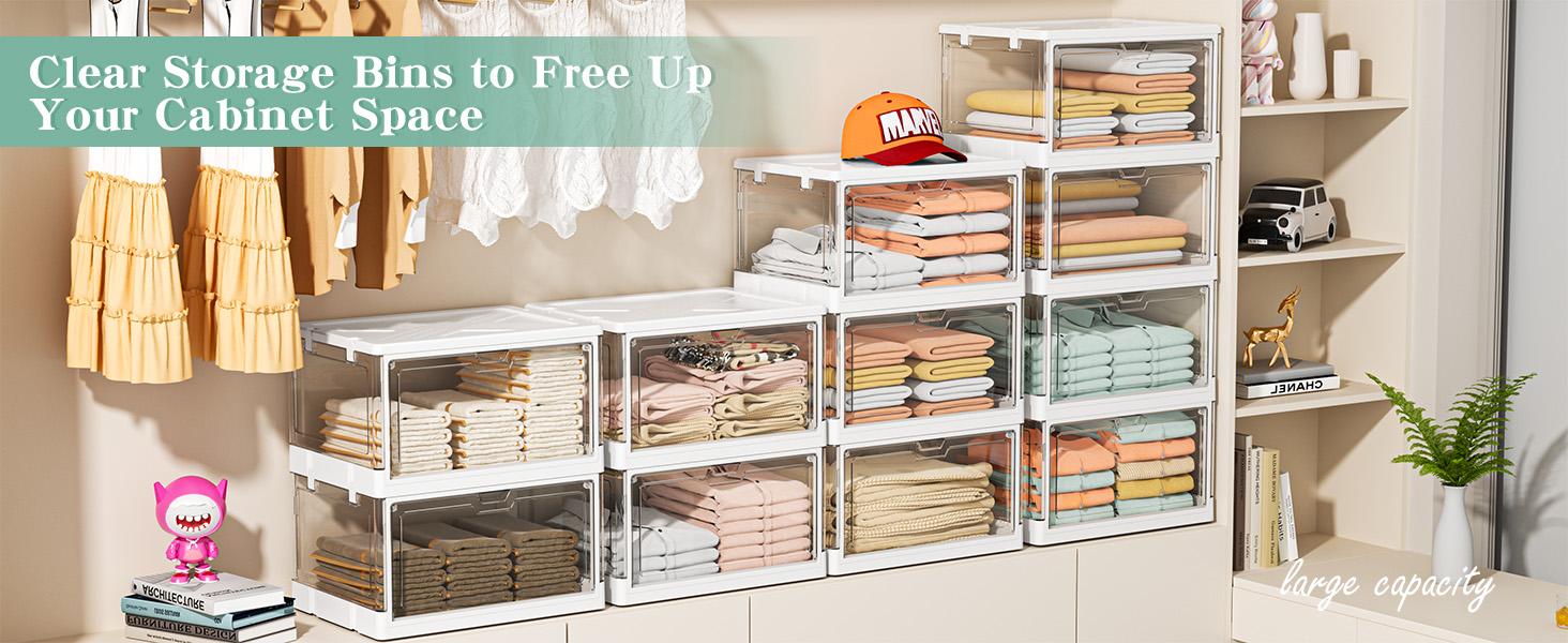 Clear Storage Bins with Lids,24QT Organizer Stackable, and foldable with magnetic doors for easy access.  Perfect for clothes, toys, books.