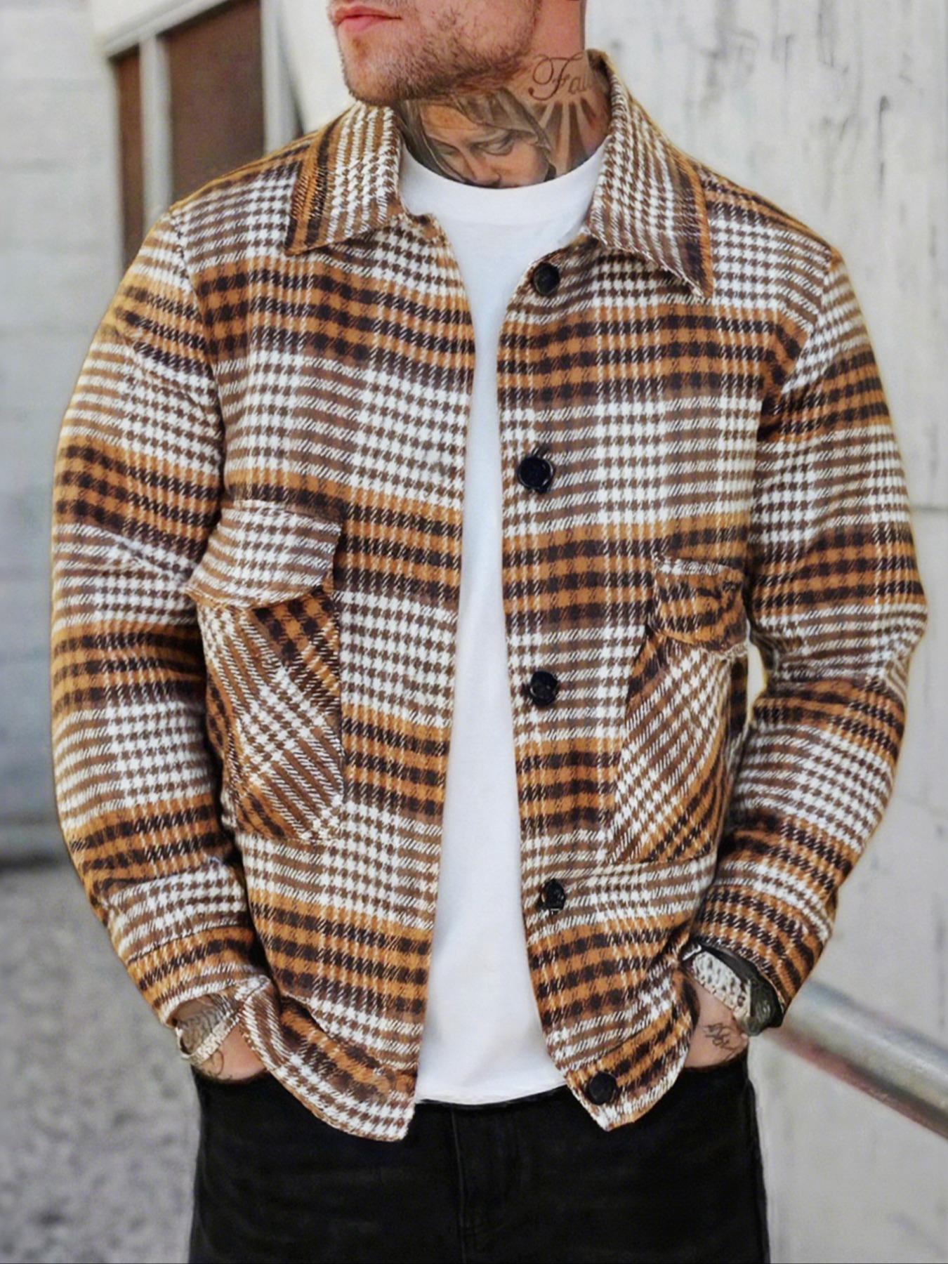 Men's Vintage Fall Winter Jacket, Windproof Fleece Collar Pocket Casual Coat, Suitable for Daily Wear, Comfortable Woven Fabric