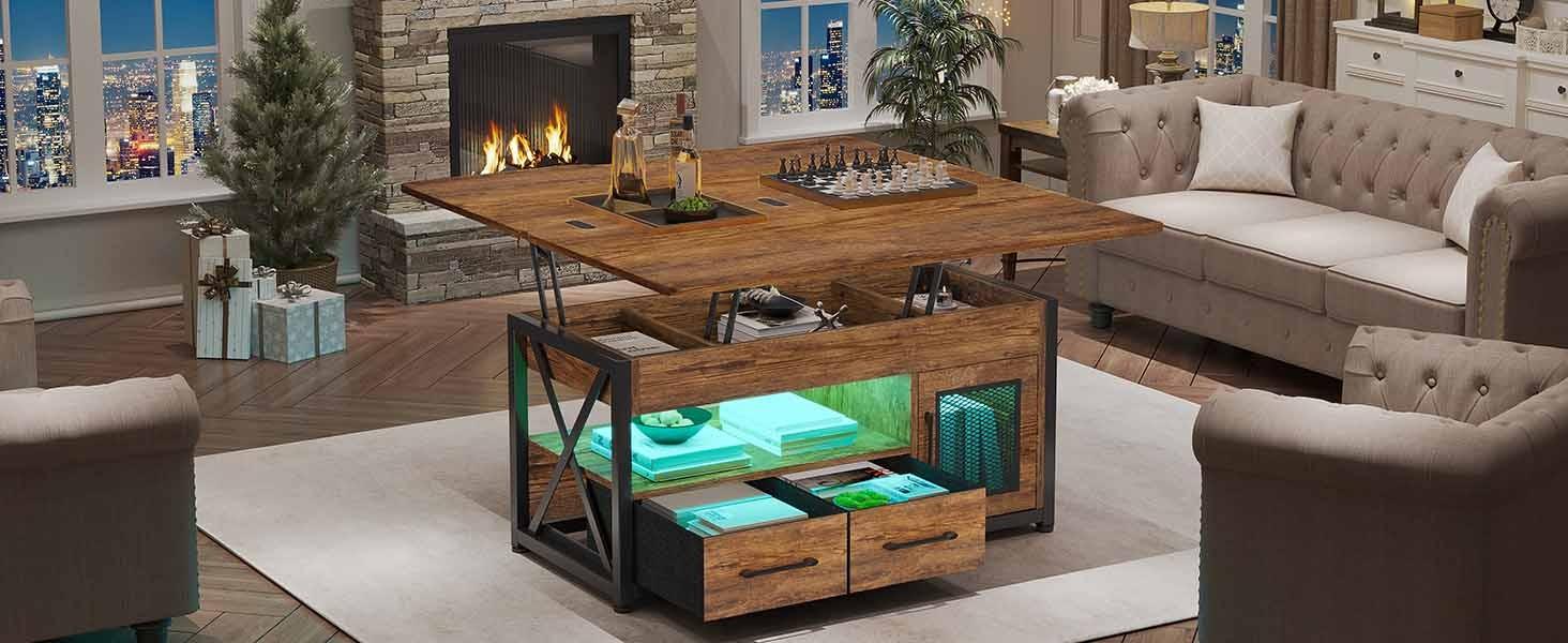 Sikaic 40 Inches 4 In 1 Lift Top Coffee Table With Storage Cabinet 2 Fabric Drawers & LED Light For Dining Room Livingroom Furniture Luxury Modern Interior