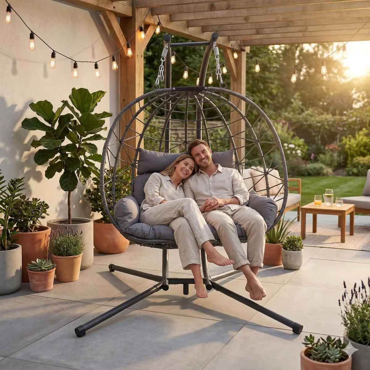 Double Hanging Egg Chair wth Stand, Patio Hammock Swing Chair with Cushion Loveseat for Bedroom, Balcony, Garden, Indoor, Outdoor,(Grey)