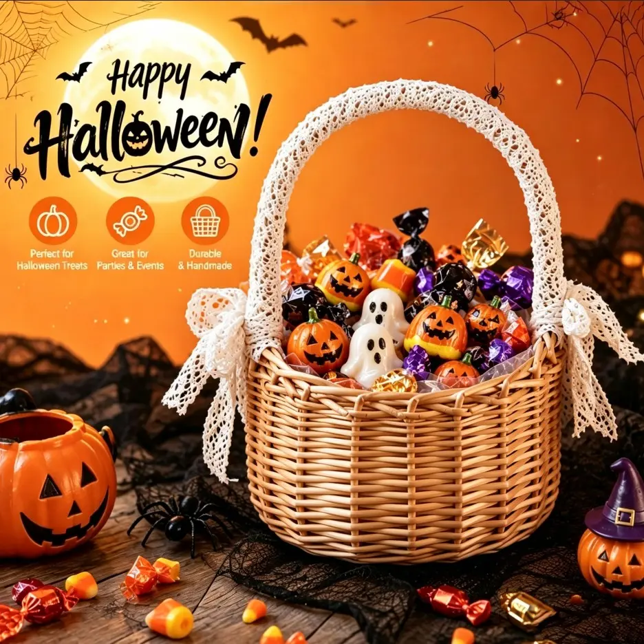 Handmade Woven Basket with Handle, Halloween Candy Carrier, Storage Display Basket for Bread, Vegetables, Fruits, Snacks, Crafts
