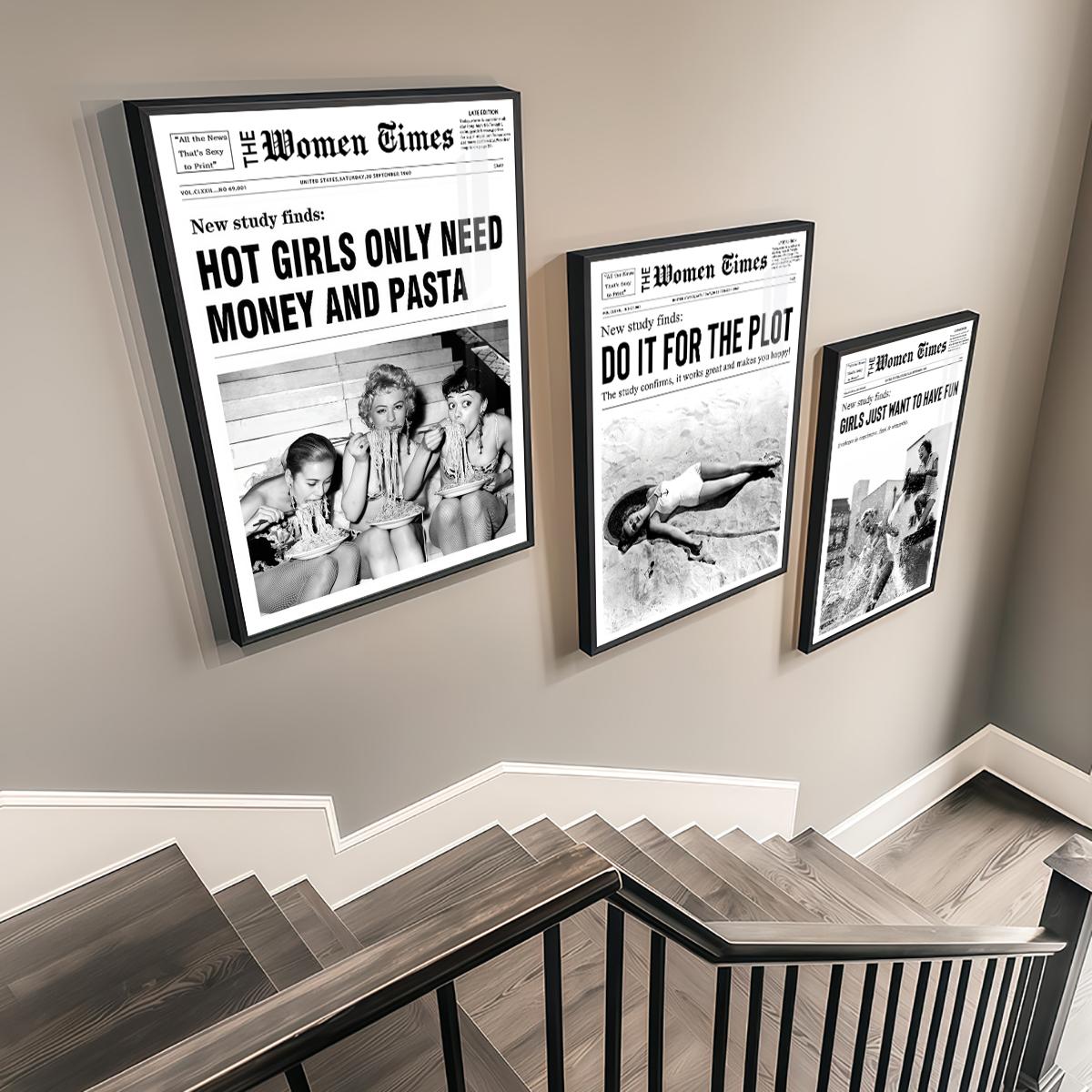 3 Counts Aluminum Alloy Framed Painting, Vintage Women Newspaper Poster Set, Home Decoration For Living Room, Bedroom, Office, Restaurant, Hallway Wall Decor, Odorless Print Artwork, Luxury Perfect Gift For Friends And Family