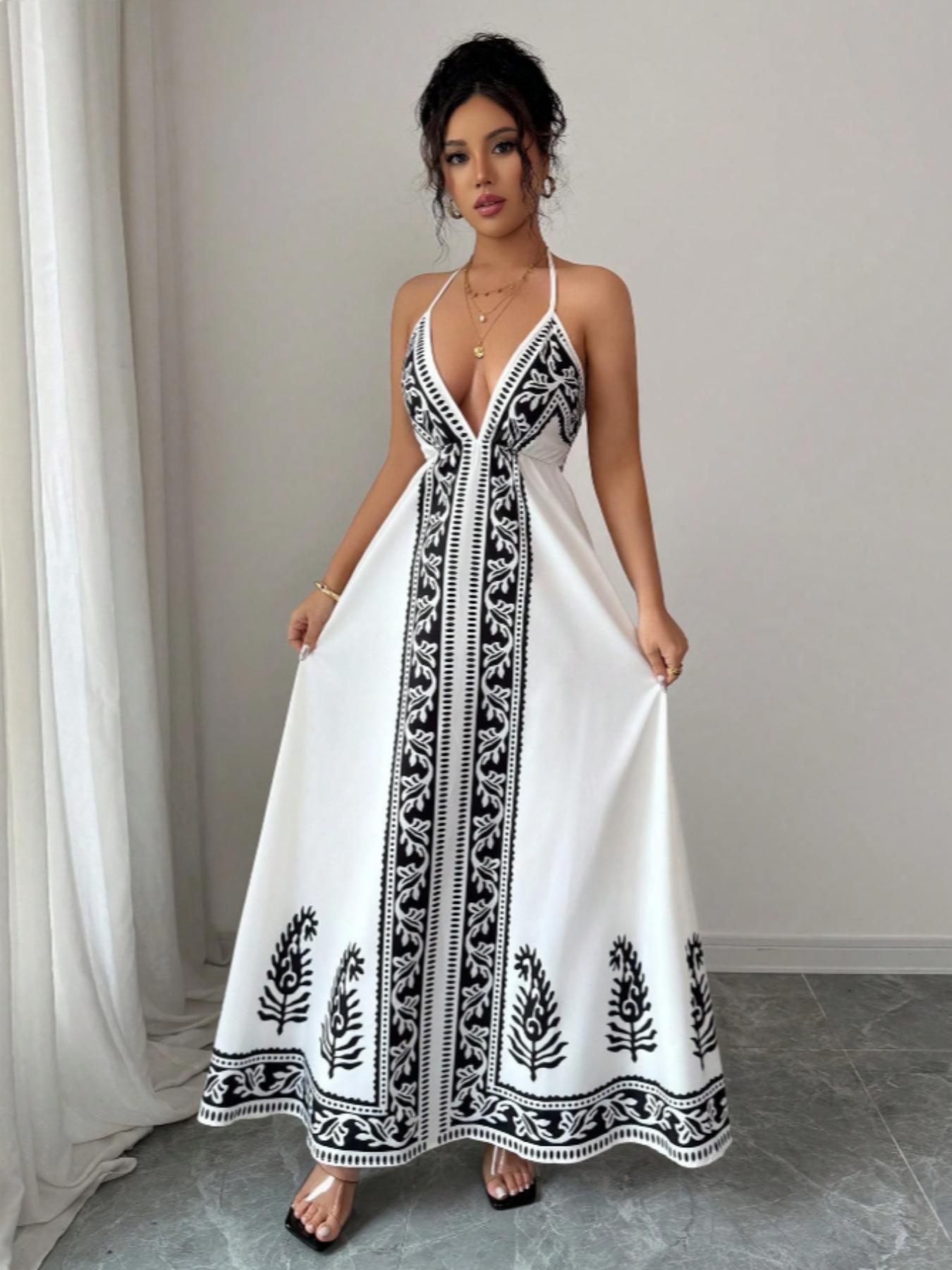 Women's Printed V Neck Dress, Casual Long Sleeve A-Line Dress, Elegant Floral Pattern, Perfect for Spring & Fall Fashion