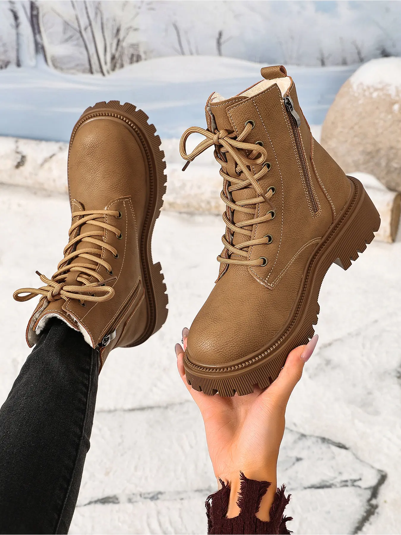Super warm fleece lined ankle boots! Chunky non-slip lug sole, lace-up with side zipper, perfect for cold winter days! Winter Warm Shoes