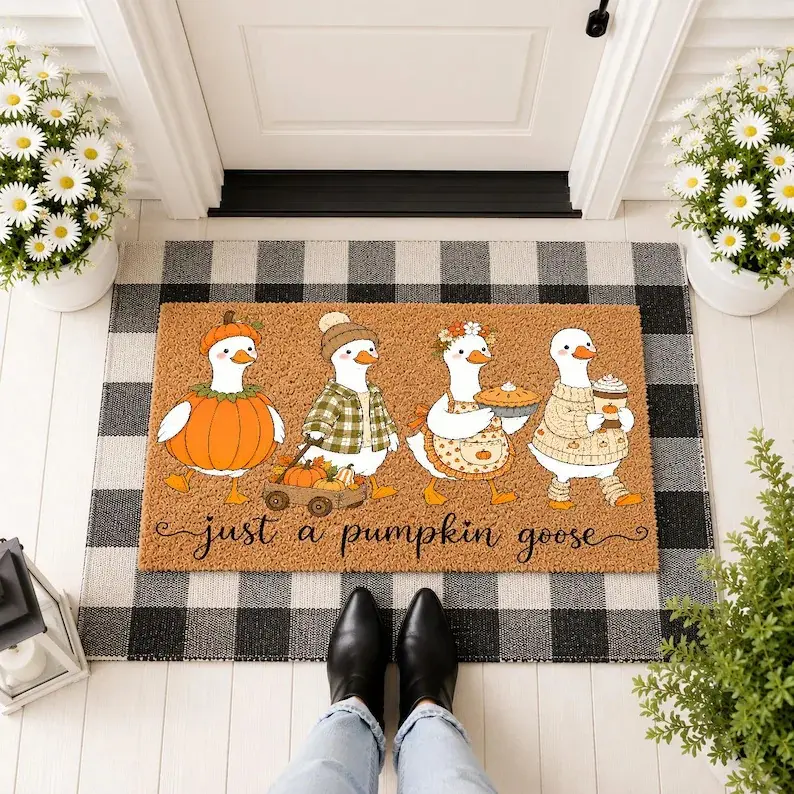 Just A Pumpkin Goose Diatomaceous Earth Doormat, Cute Fall Harvest Welcome Mat, Funny Autumn Front Porch Decor, Seasonal Entryway Floor Mat for Farmhouse Home Decoration