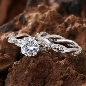 Twisted Band Wedding Ring Sets for Couples, Elegant 4-Prong Solitaire Promise Ring, Husband and Wife Gifts
