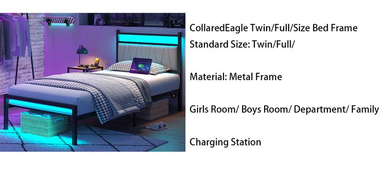 CollaredEagle Twin/Full Size Bed Frame with Charging Station, Metal Platform Bed Frame with Fabric Upholstered Headboard, No Box SpriLarge Underng Needed, Bed Storage, Non-Slip Black/White. Bedroom Bedframe Bedroom Furniture CollaredEagle Twin/Full Size Bed Frame with Charging Station, Metal Platform Bed Frame with Fabric Upholstered Headboard, No Box SpriLarge Underng Needed, Bed Storage, Non-Slip Black/White. Bedroom Bedframe Bedroom Furniture