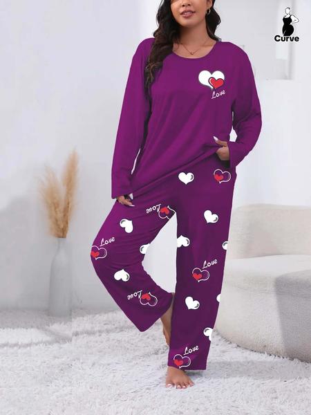Plus Size Heart Letter Print Comfortable 2-Piece Set, Casual Long Sleeve Pajama Pants Suit, All Seasons Fitted Knit Fabric Loungewear Plus Size Heart Letter Print Comfortable 2-Piece Set, Casual Long Sleeve Pajama Pants Suit, All Seasons Fitted Knit Fabric Loungewear