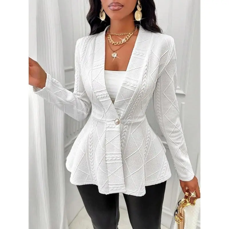 Women's Textured Faux Pearl Decor Button-Front Peplum Hem Coat, Elegant Long-Sleeve V-Neck Fall Outerwear, Ladies Daily Wear Clothes