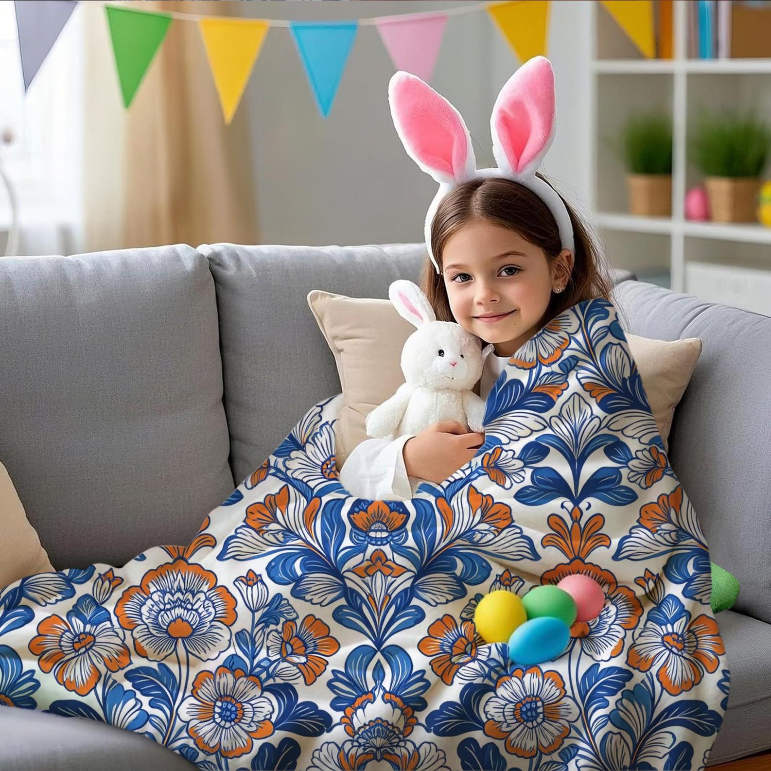 1 Piece Bohemian Blue Orange Floral Throw Blanket, HD Digital Single-Sided Printed Flannel Blanket, Super Soft Cozy Plush Gift Blanket for Sofa, Bed, Travel and Camping Decor