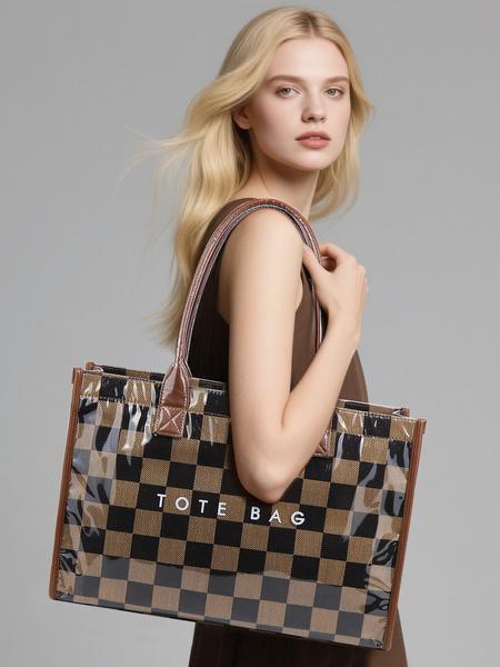 Women's Retro Checkered Letter Print Casual Tote Bag, Large Capacity Transparent Commuter Handbag, Versatile Daily Use Shoulder Bag