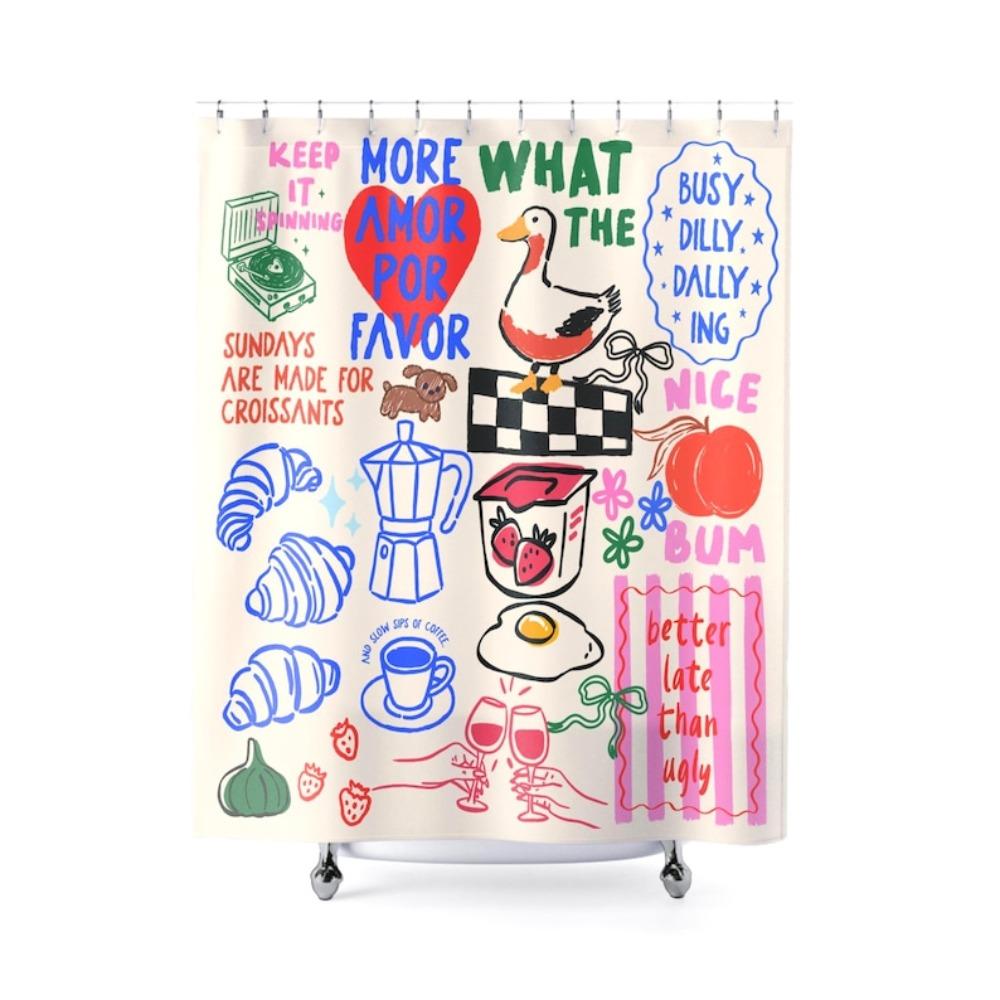 Hand Drawn Doodle Shower Curtain Brunch Shower Curtain Unique Bathroom Decor Housewarming Coffee Pastry Breakfast Goose Egg Strawberry Peach