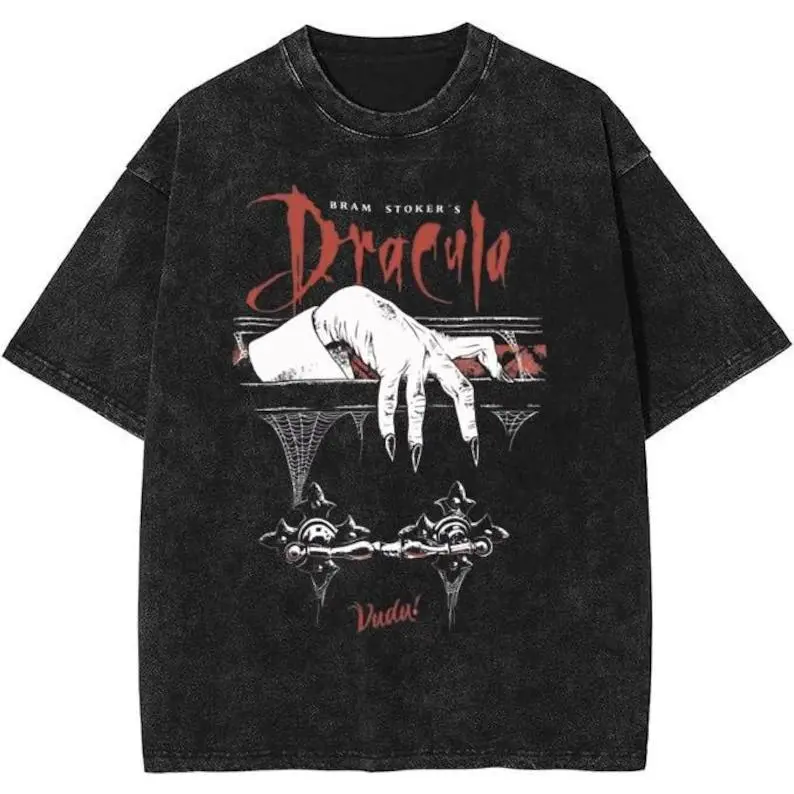 Vintage Gothic Vampire Graphic Washed T‑Shirt, Retro Horror Book Inspired Coffin Hand Print Tee, Dark Spooky Aesthetic Short Sleeve Top For Halloween Goth Lovers,Horror Halloween Gi