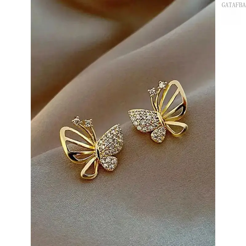 Asymmetric Minimalist Butterfly Stud Earrings Inlaid with Shiny Zircons, Copper Base Daily Jewelry for Women, One Size