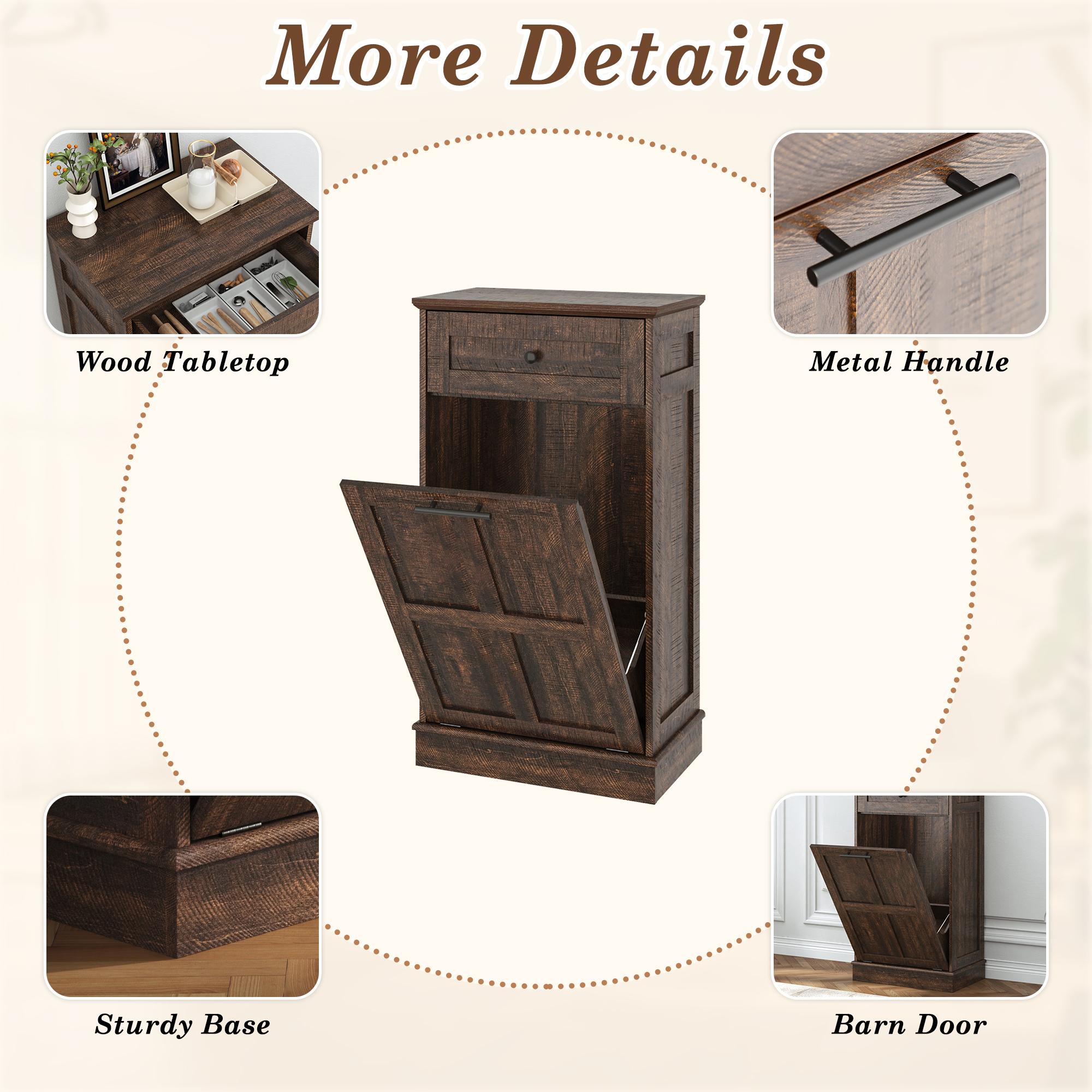 Trash Can Cabinet, 10 Gallons / 20 Gallons Farmhouse Hidden Wood Garbage Can Bin Cabinet with Drawers, Tilt Out Laundry Hamper with Laundry Storage Basket for Bathroom, Kitchen, Brown/Antique White/Dark Grey