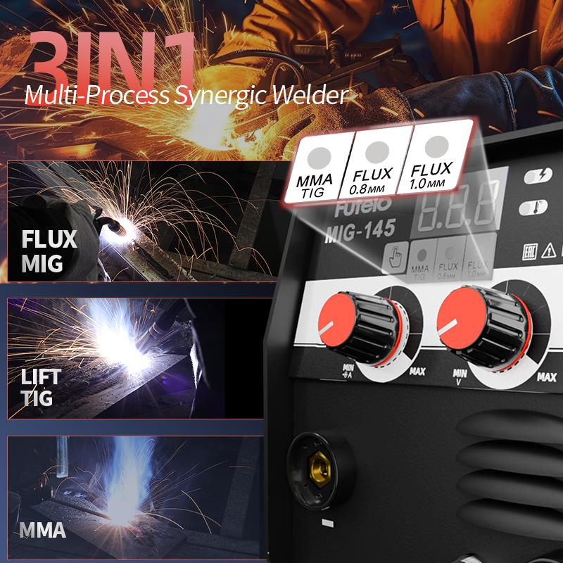 FUTELO MIG-145 145A 110V Flux Core MIG Welder Machine, Gasless MIG/Stick/Lift TIG 3-in-1 Welding Machine Portable Synergic Control IGBT Inverter