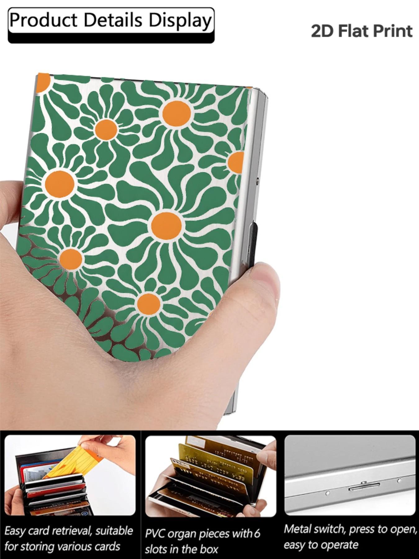 Rfid Anti-Theft Stainless Steel Card Holder, Vintage Daisy Pattern, Slim Wallet for 6 Cards, Unisex Travel & Business Use