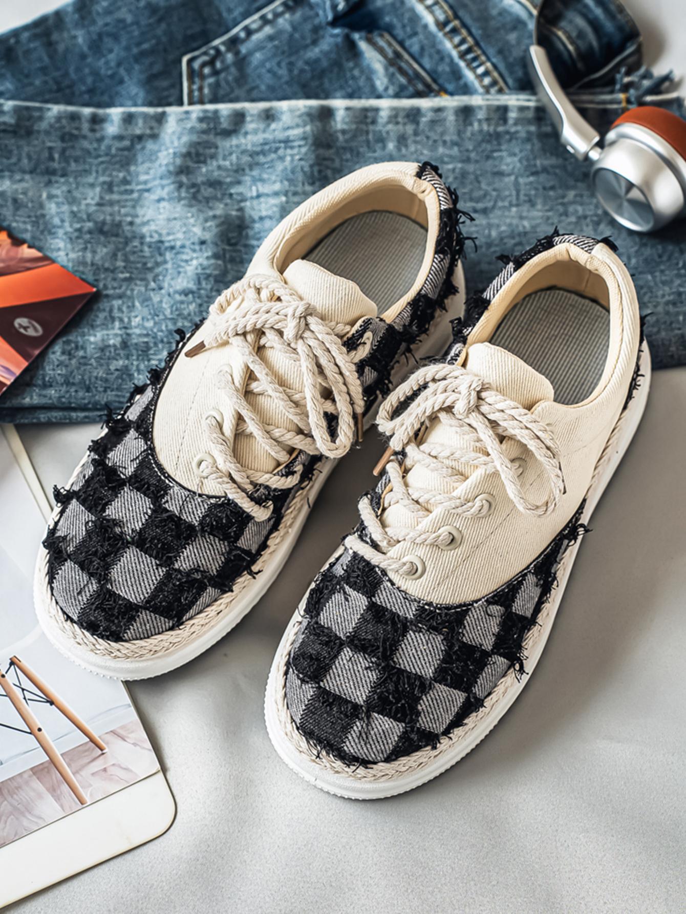 Summer New Men's Plaid Patchwork Hemp Rope Laces, Vintage Straw Trim Soft Elastic Thick Sole, Casual Checkered Shoes for Commute and Streetwear