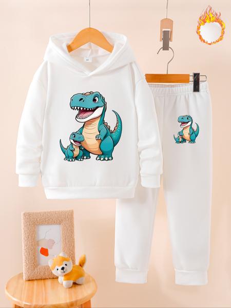 Boys' Fall & Winter Fleece Set, Dinosaur Cartoon Print Hoodie & Jogger Pants Two-Piece, Casual Warm Kids Clothing Gift Idea
