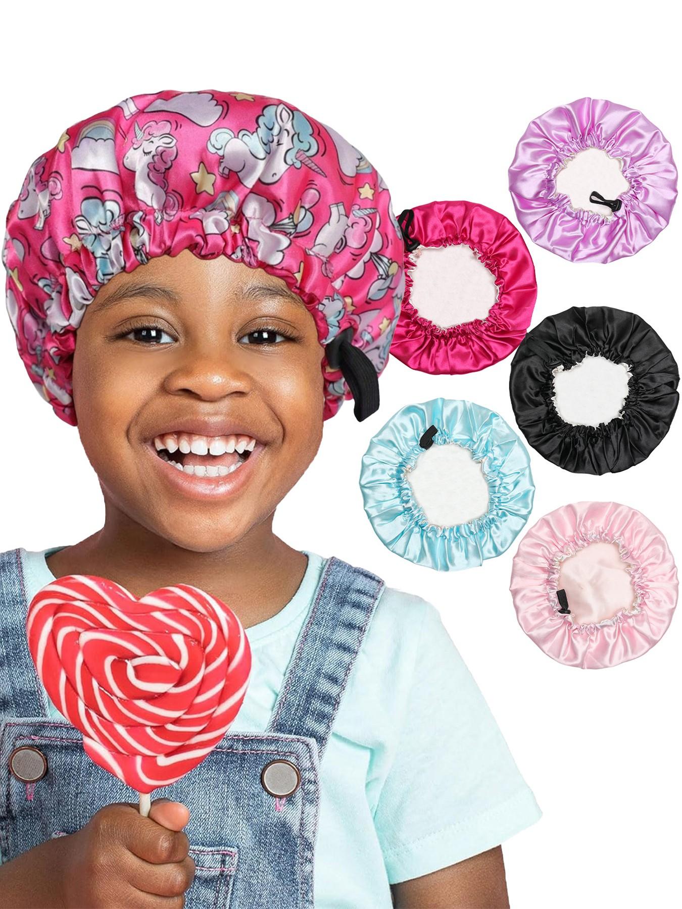 3-Piece Kids Printed Fun Patterns Drawstring Button Elastic Double-Layer Satin Hat, Casual Breathable Comfortable Daily Wear Headwear