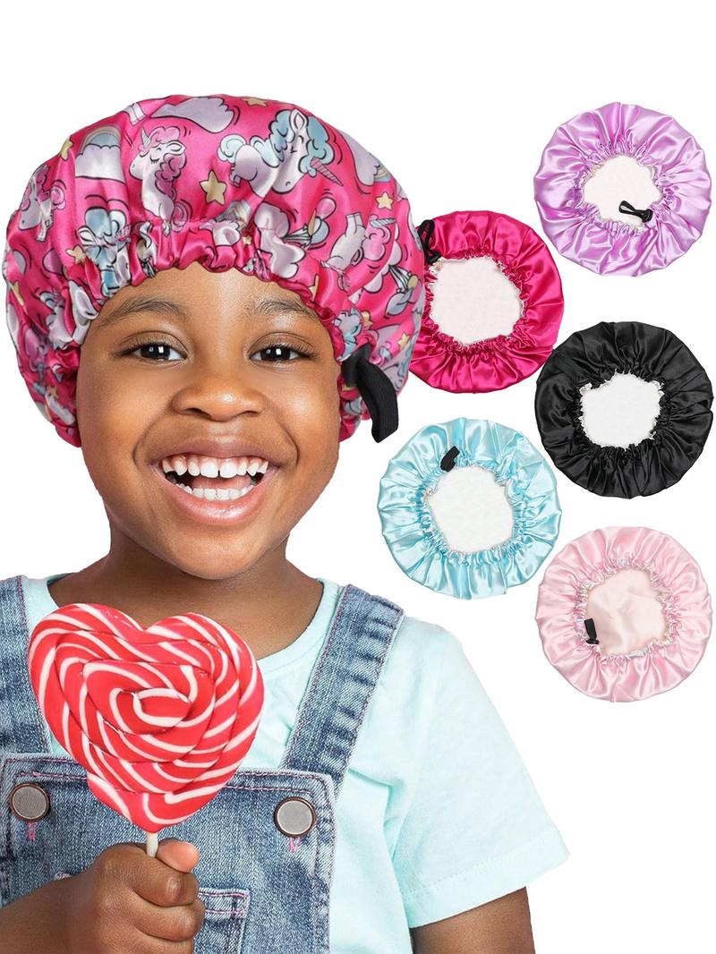 3-Piece Kids Printed Drawstring Button Elastic Double-Layer Satin Hat, Casual Breathable Comfortable Daily Wear Headwear