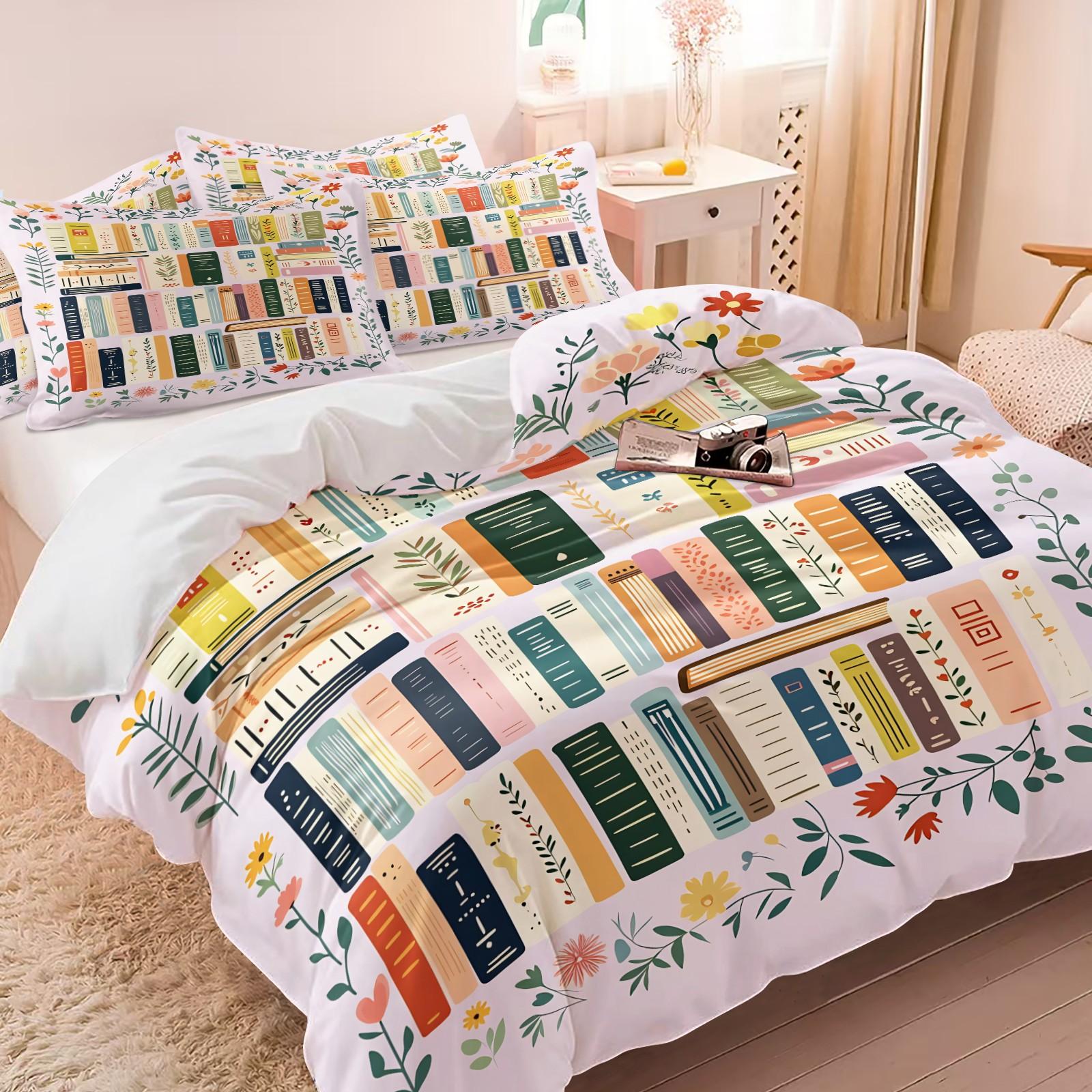 Aesthetic Bookworm Duvet Cover Set, Soft Breathable Microfiber Bedding, Colorful Bookshelf Flower Print Comforter Cover, Bedroom Decor, Perfect Gift for Book Enthusiasts, Includes 1 Quilt Cover & 1-2 Pillowcase