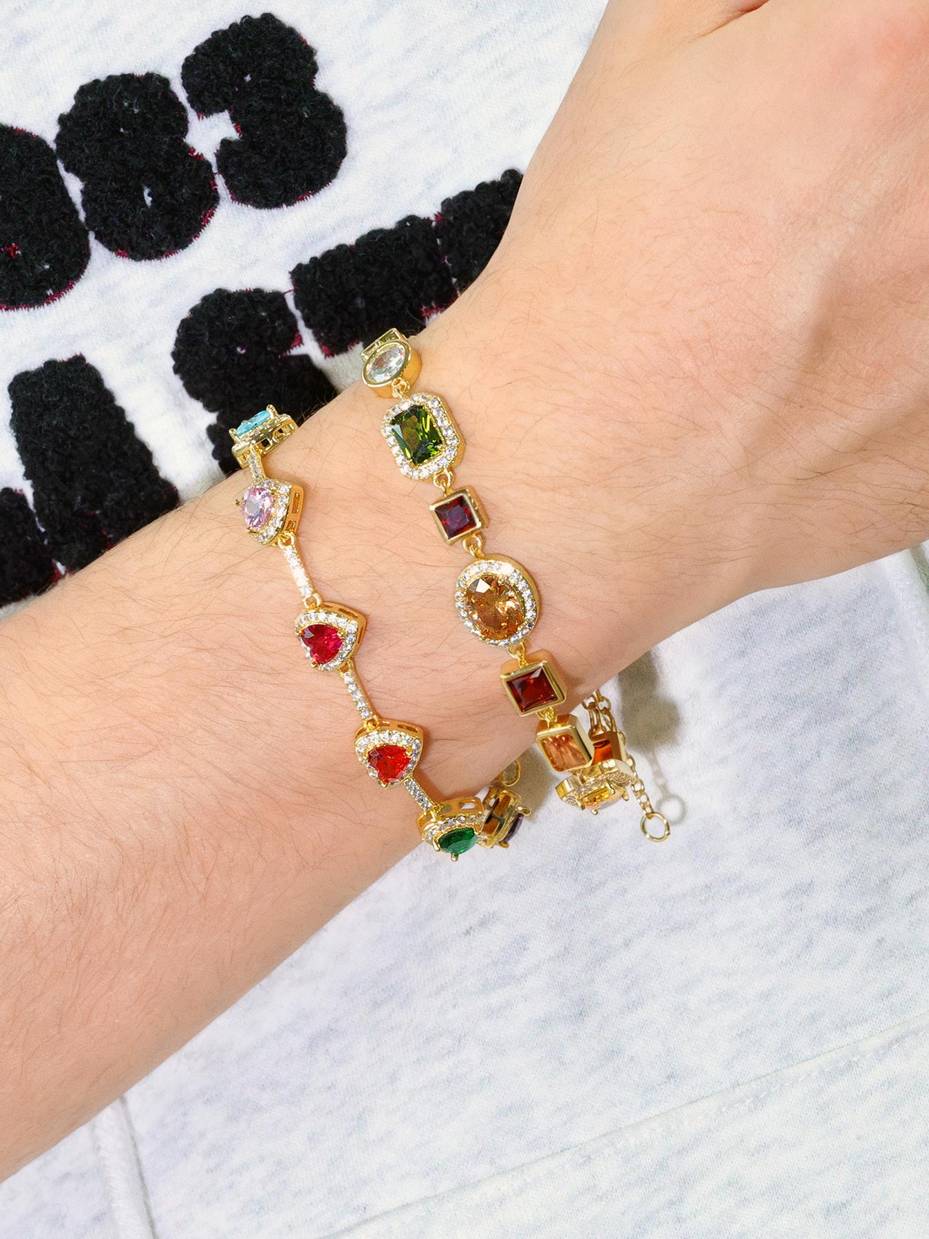 Icedchics 2pcs Gemstone Bracelet Set, Adjustable Heart Design, Perfect Valentine's Day Gift, Unisex Street Style Hand Chain, Heart Shaped Bracelet