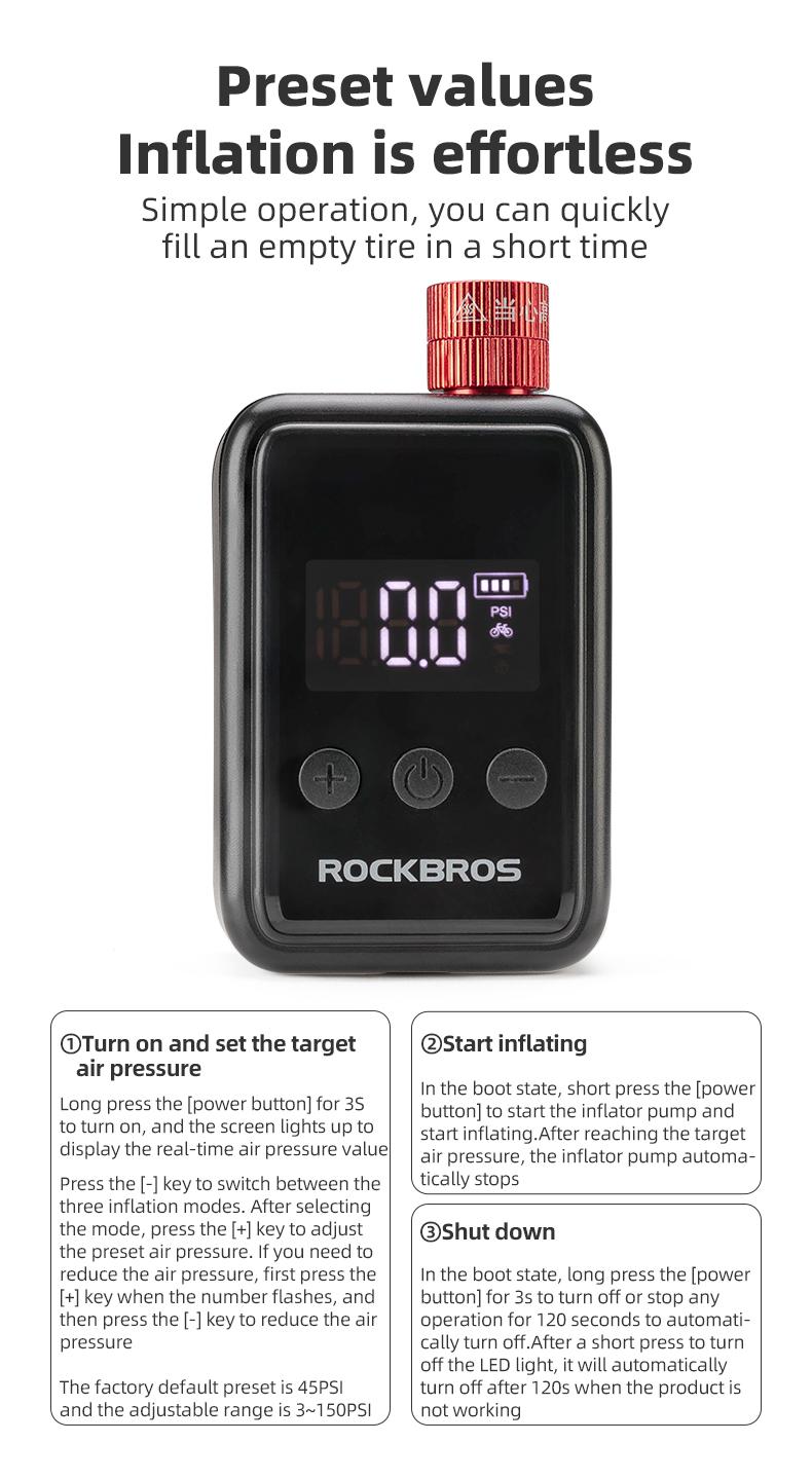 ROCKBROS Mini Bike Pump Portable Bike Tire Pump 150PSI Auto Shut-Off Air Pump with Presta and Schrader Valves Smart Air Inflator Mini Air Compressor for Bicycle and Balls