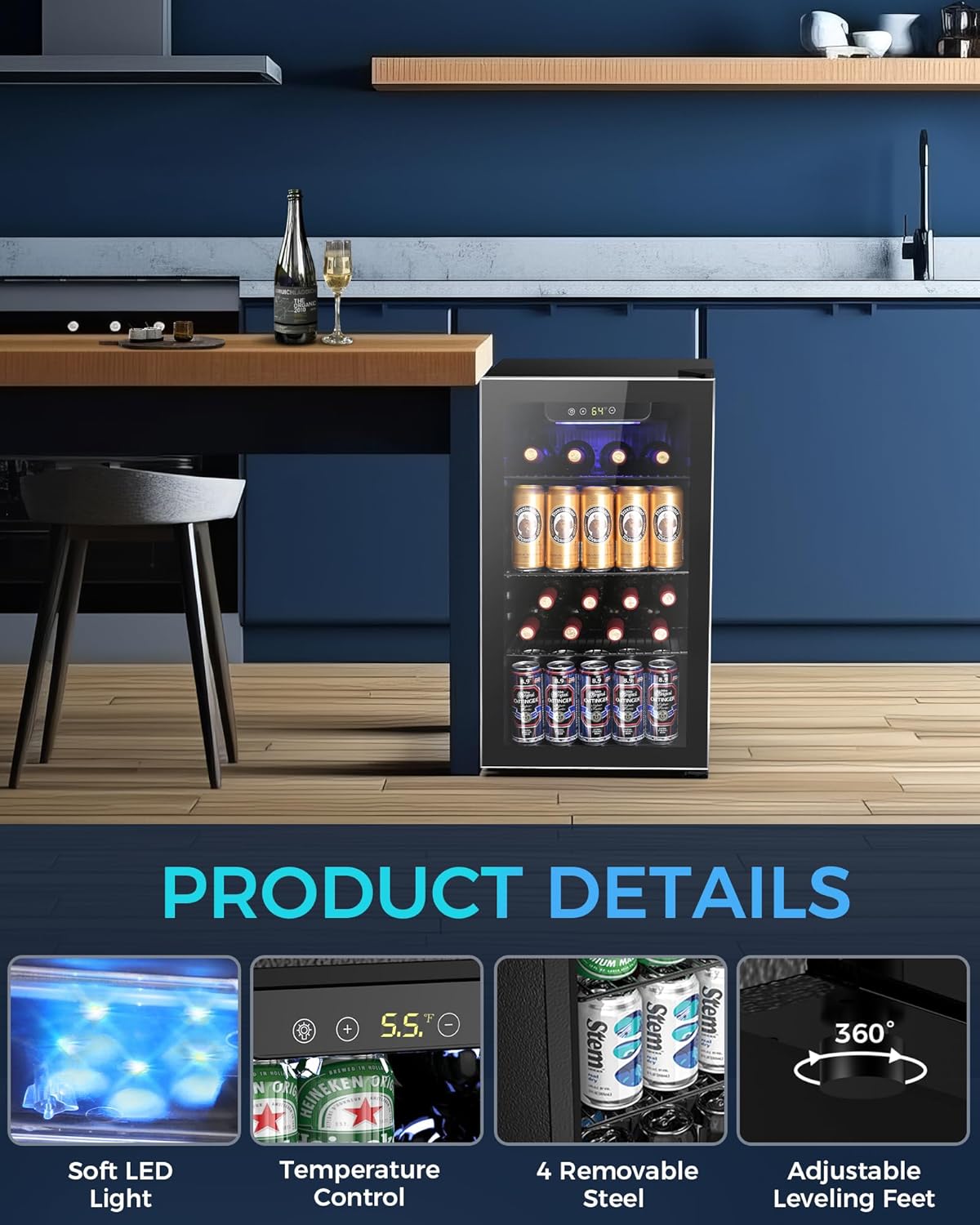 COWSAR Beverage Refrigerator and Cooler, Mini Fridge 48-130 Can, Little Cooler with Digital Display 32~61℉, Small Refrigerator with 4 Shelves for Home Office, Bedroom, Garage, Game Room, 1.3-4.4 Cu.Ft