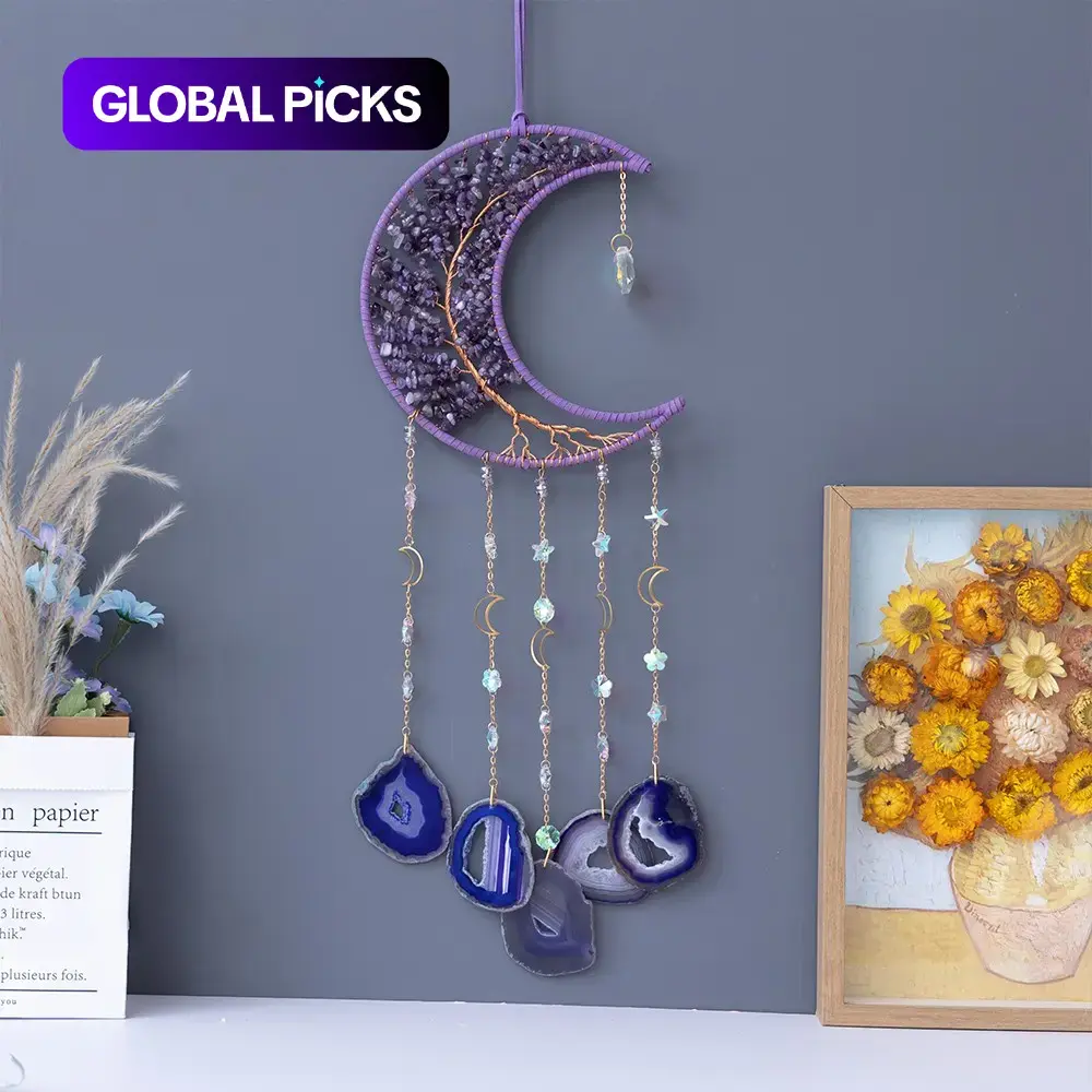Crystal Tree of Life Dream Catcher with Moon and Large Agate Pendant, Handmade Hanging Home Decor Ornaments, Decoration Items, Boho Decor, Hanging Room Decor, Creative Christmas Gift for Friends #GLOBAL PICKS