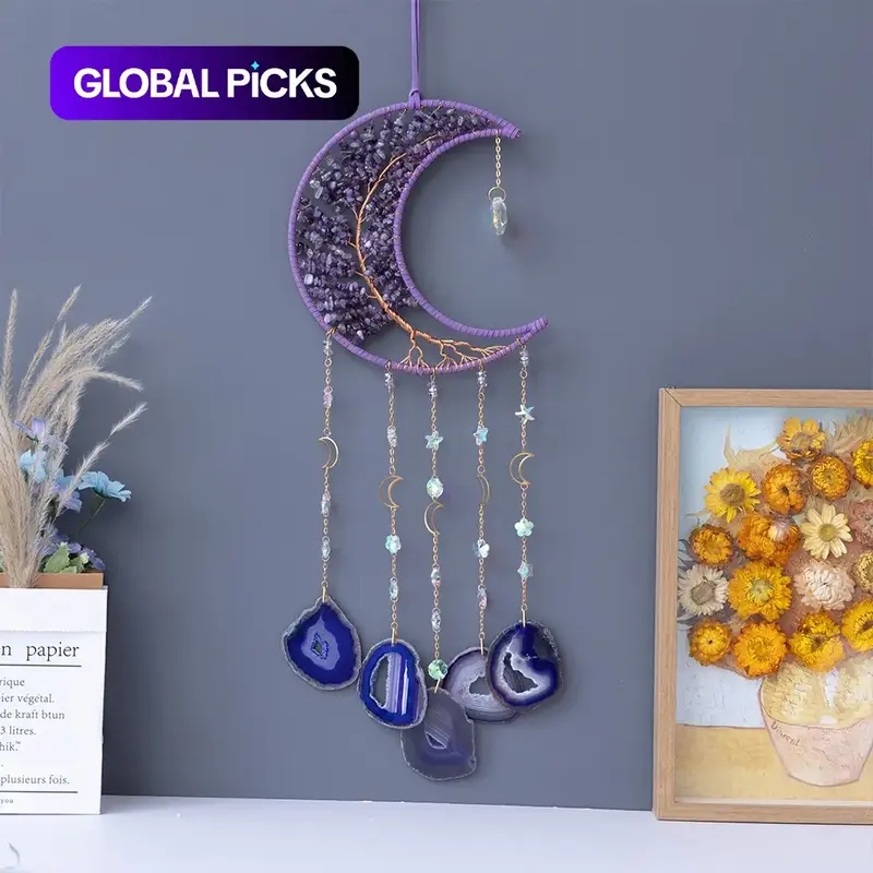 Crystal Tree of Life Dream Catcher with Moon and Large Agate Pendant, Handmade Hanging Home Decor Ornaments, Decoration Items, Boho Decor, Hanging Room Decor, Creative Christmas Gift for Friends #GLOBAL PICKS
