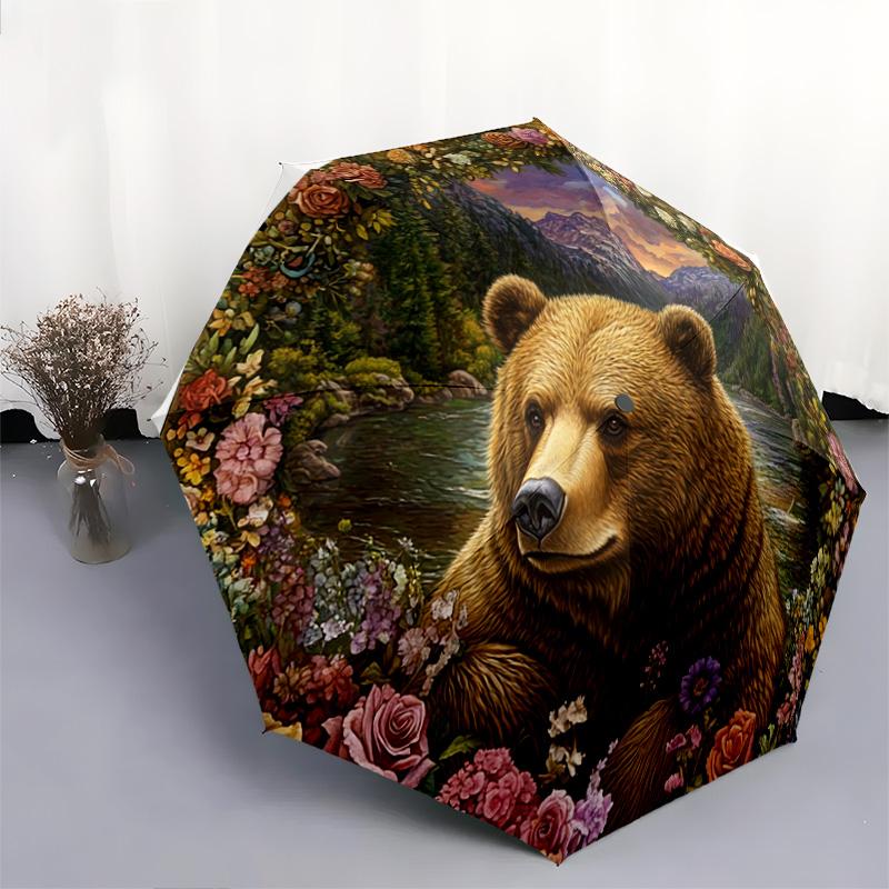 1 PC Automatic Folding Umbrella - Nature's Majesty: A Bear Amidst Flowers Pattern, Portable & Foldable Design with 8 Ribs, Merry Christmas Pattern,Casual Outdoor Accessory Halloween and Christmas Birthday Gifts. G0022