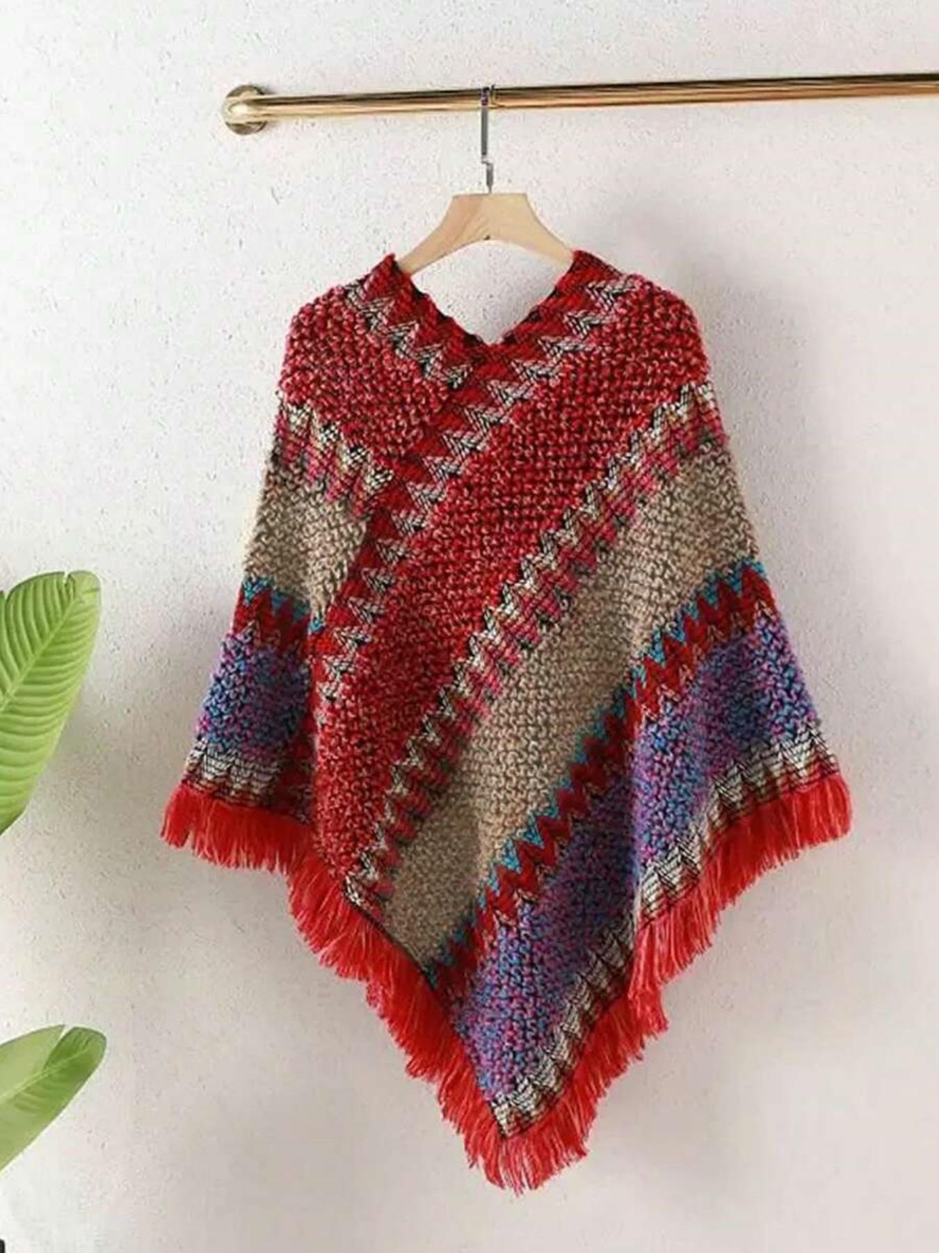 1pc Herringbone Tassel Shawl, Boho Style Shawl, Shawl Cape, Fashion Versatile Travel Poncho, Warm Scarf Wrap, Tassel Decor Shawl