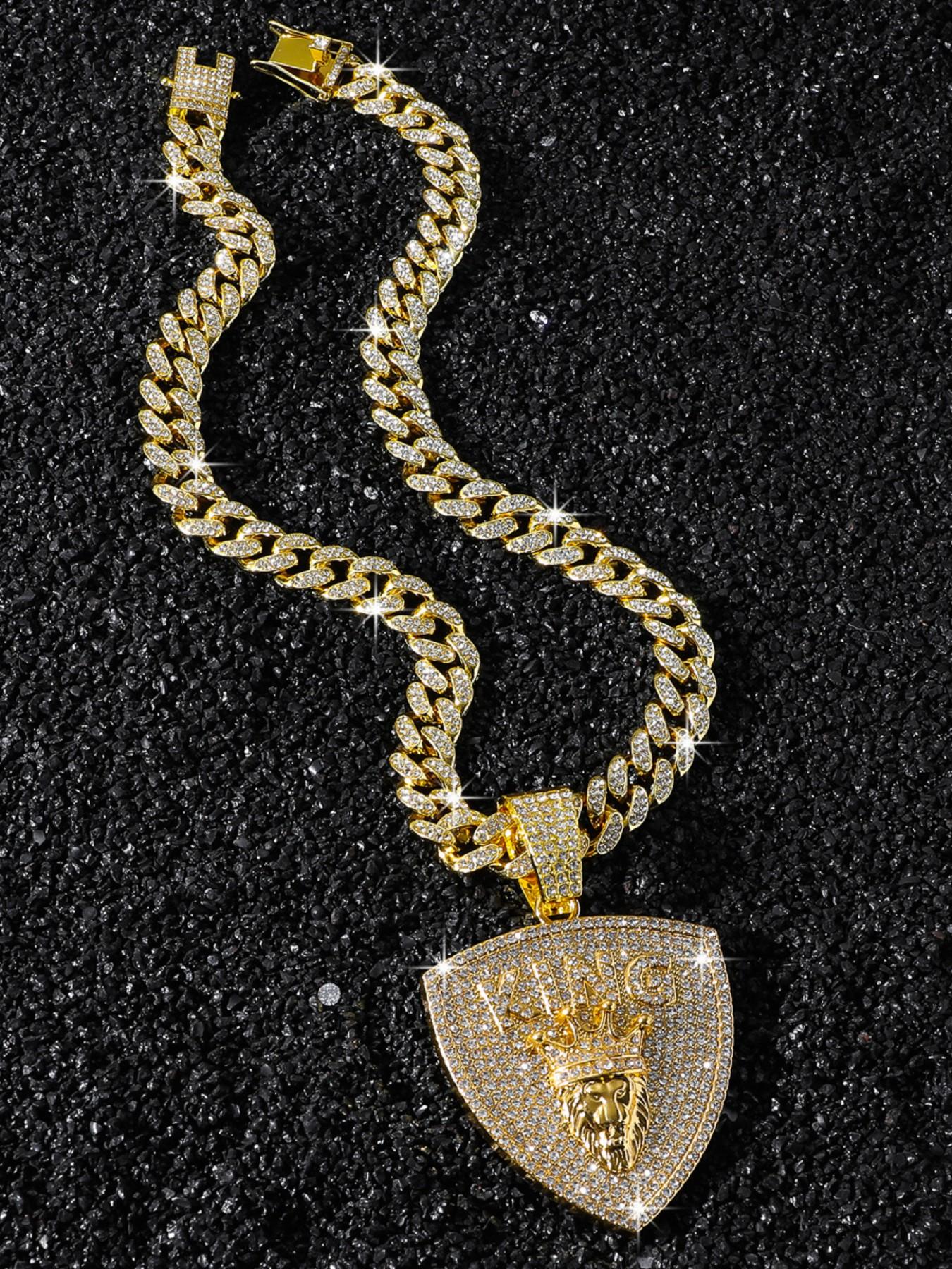 Luxury Full Diamond Crown Lion Shield Pendant, Men's Hip Hop Cuban Link Design Chain Accessory, Street Style Necklace, All Seasons Wear