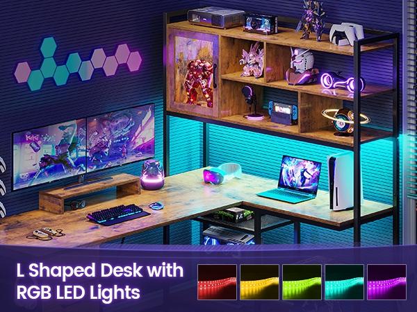 SEDETA 58-Inch L-Shaped Computer Desk with Storage, LED L-Shaped Gaming Desk with Storagefor Home Office Furniture Gaming