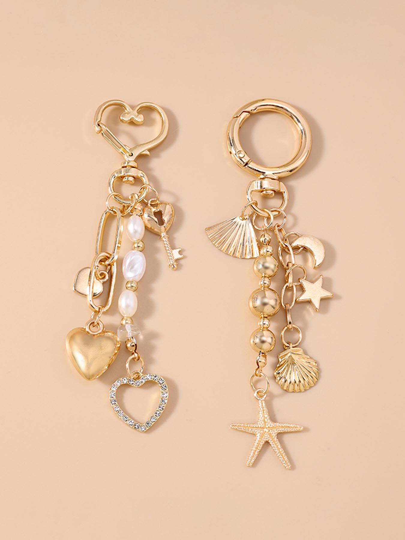 Boho Style Moon Star Sea Star Keychain, Fashion Key Ring with Pearl Shell Beads, Elegant Heart Key Holder, Baroque Bag Charm