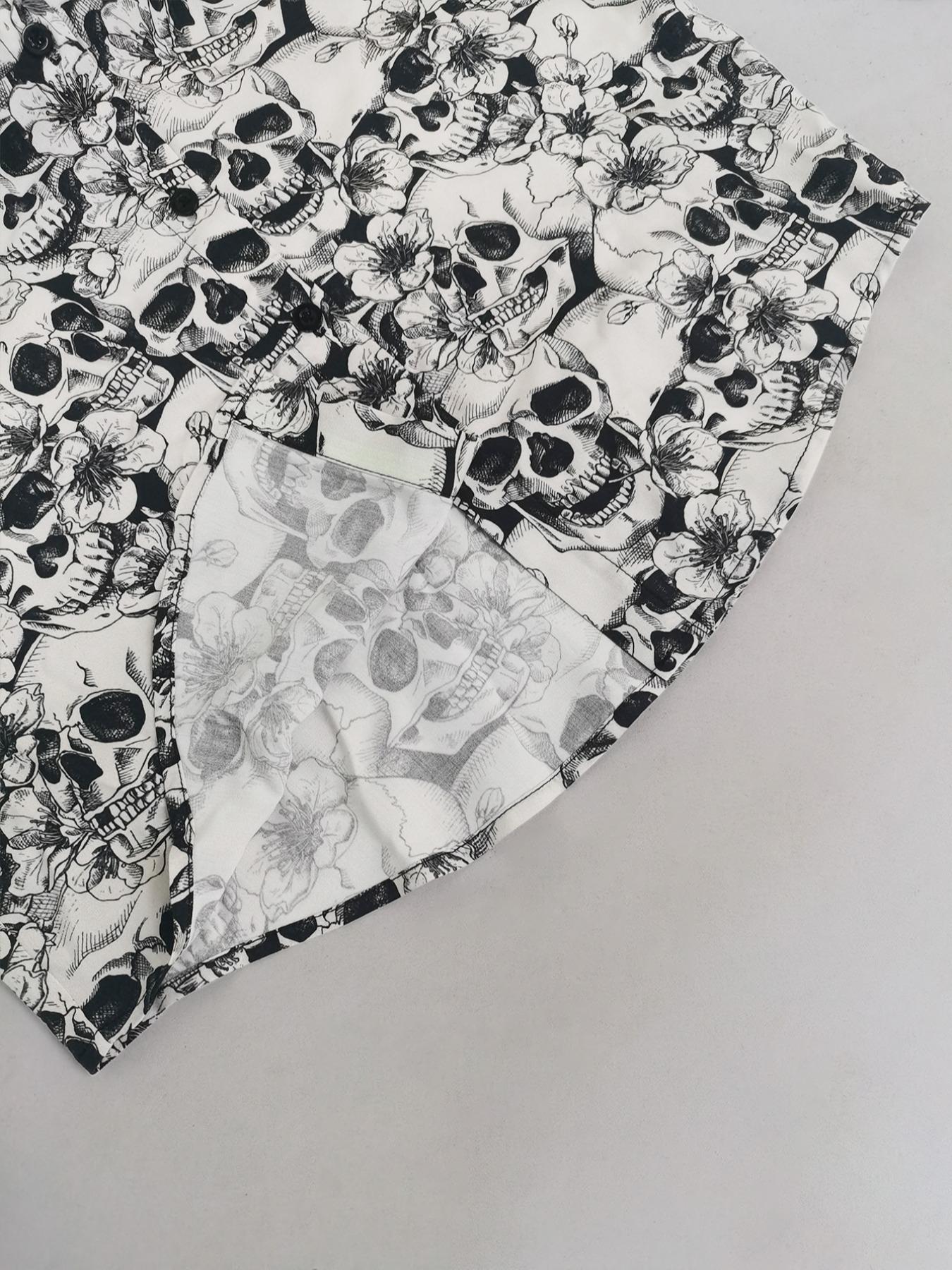 Women's All Over Skull Print Button Front Shirt, Casual Long Sleeve Collared Top for Daily Wear, Ladies Clothes for All Seasons