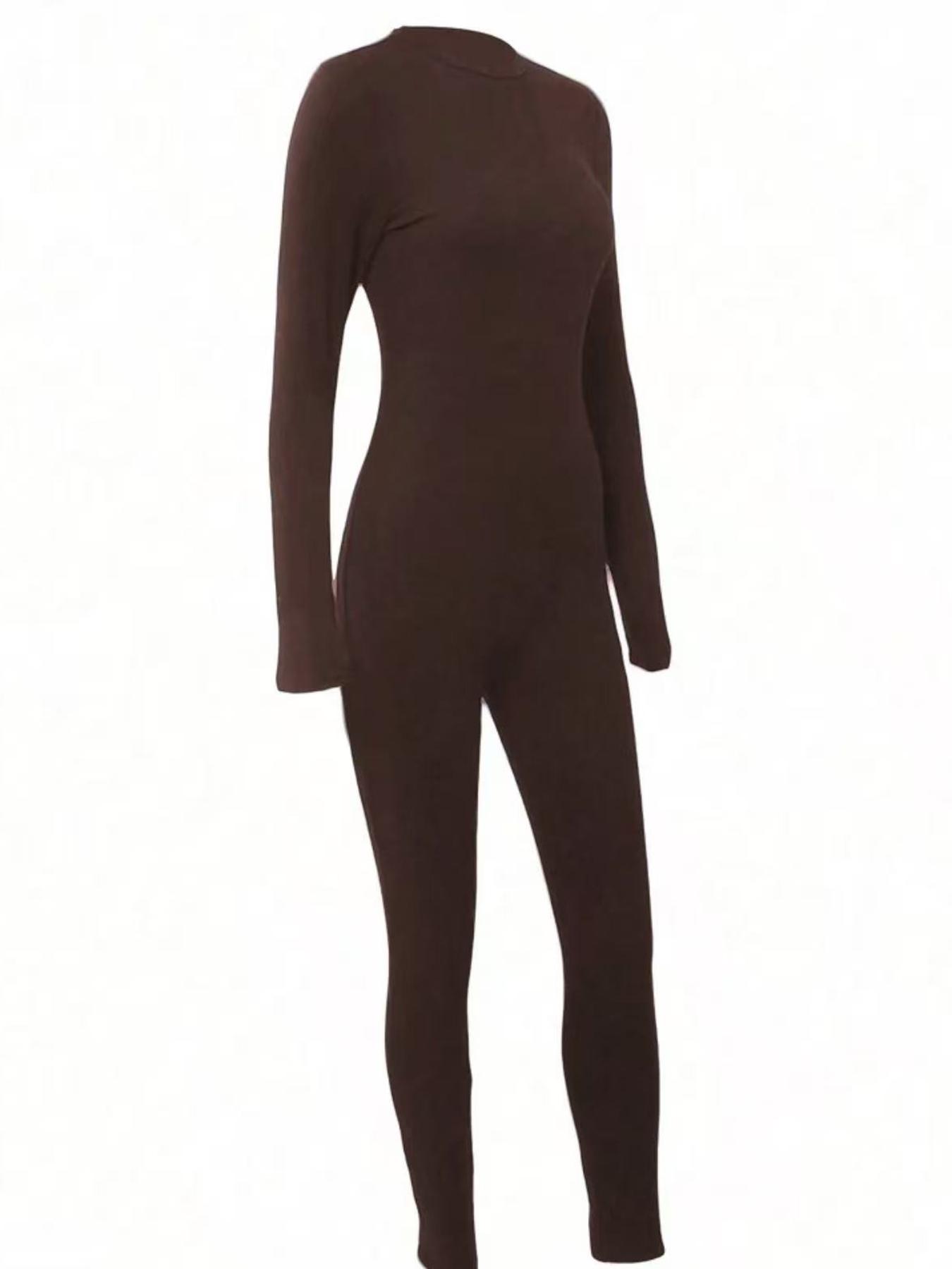 【Plus Size】1 Piece Women's Crew Neck Long Sleeve Bodycon Jumpsuit, Trendy Street Style, Slim Fit & Stretchy Fabric, Full-Length Skin-Tight Design, For Fashion-Conscious Women, Ideal for Streetwear, Casual Dates